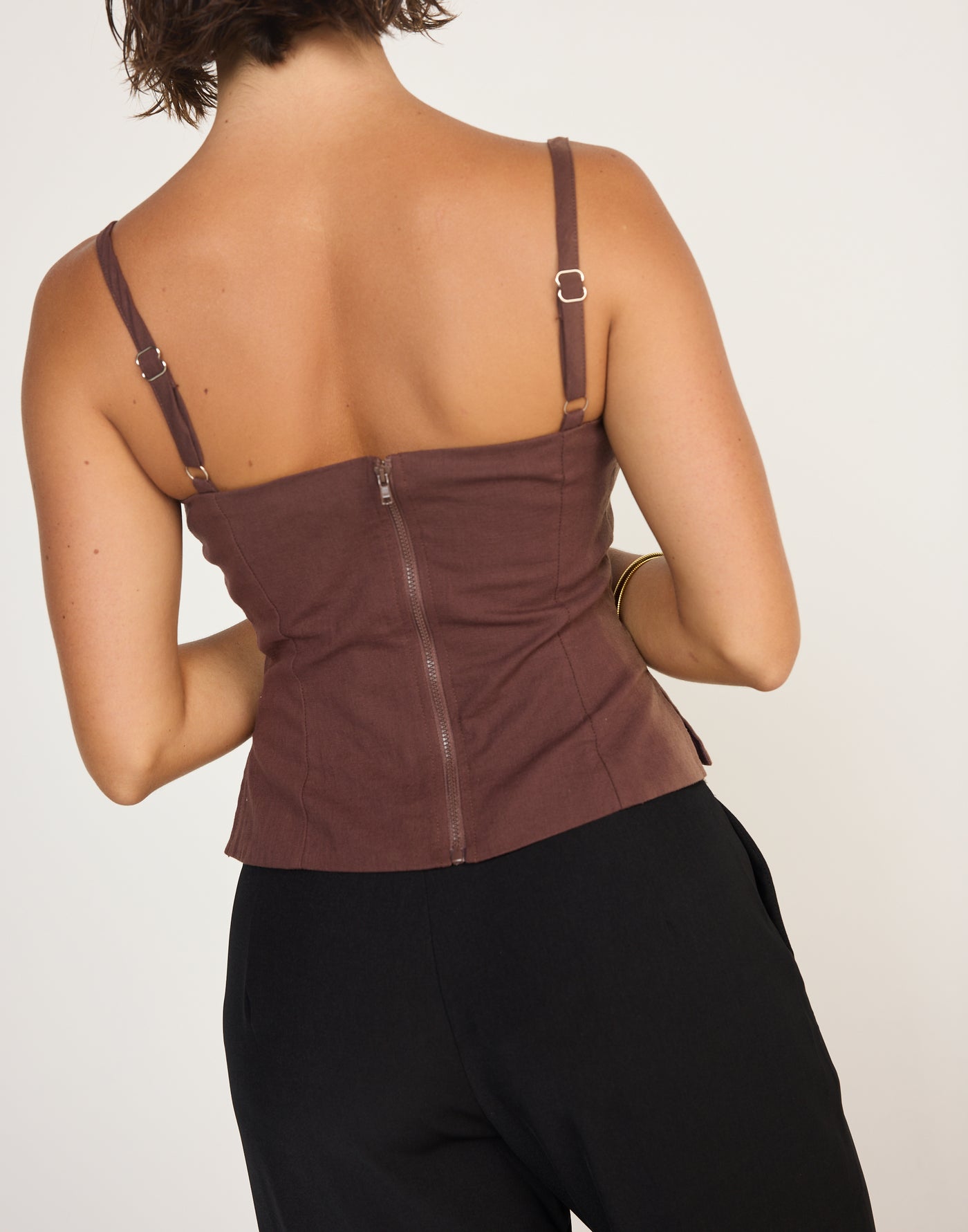 Sirena Top (Cocoa) | CHARCOAL EXLCUSIVE | Fitted Linen Top Flared Hem Adjustable Straps - Women's Top - Charcoal Clothing