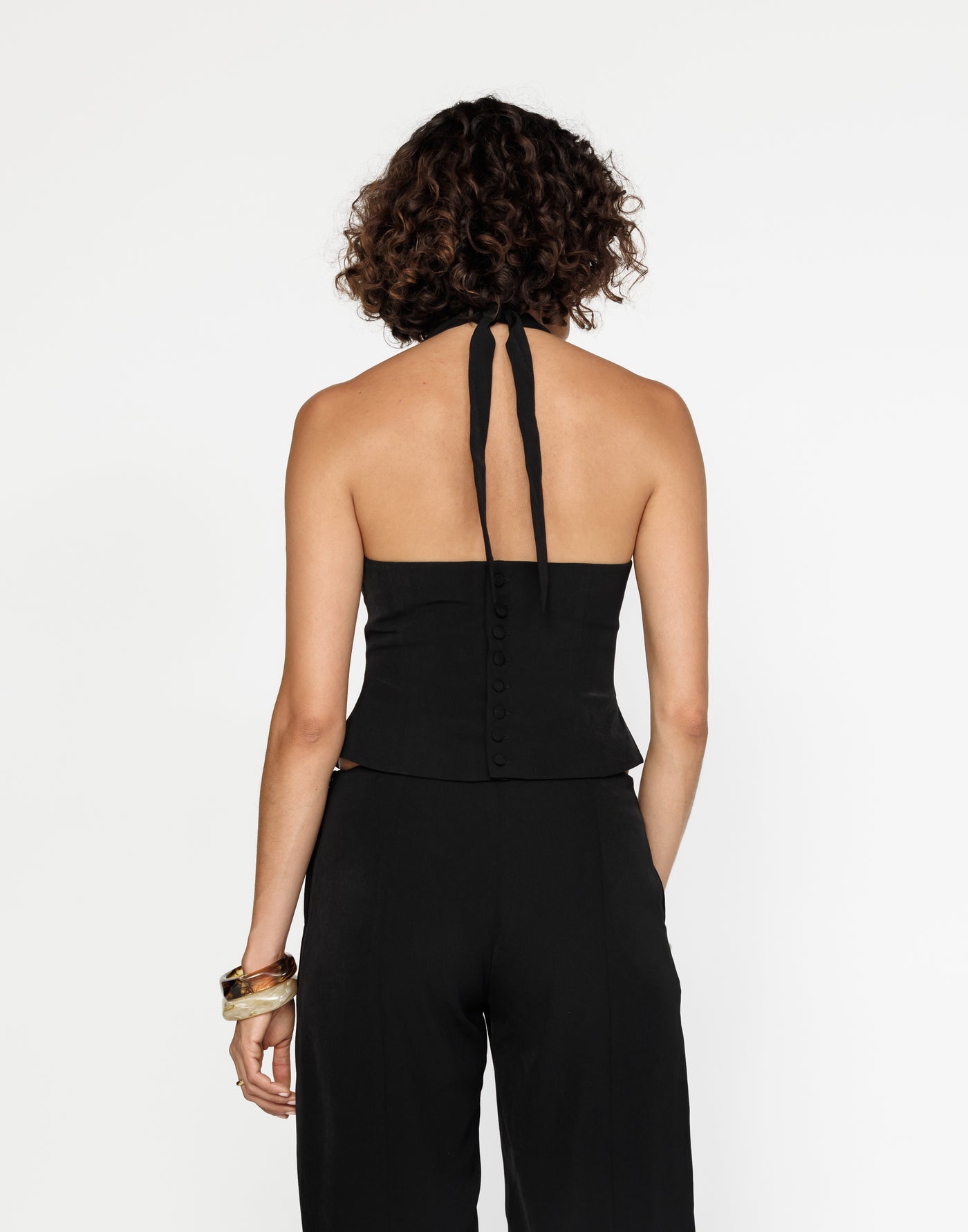 Kalla Top (Black) | CHARCOAL Exclusive - High Tie Up Neckline Button Back Closure Top - Women's Top - Charcoal Clothing