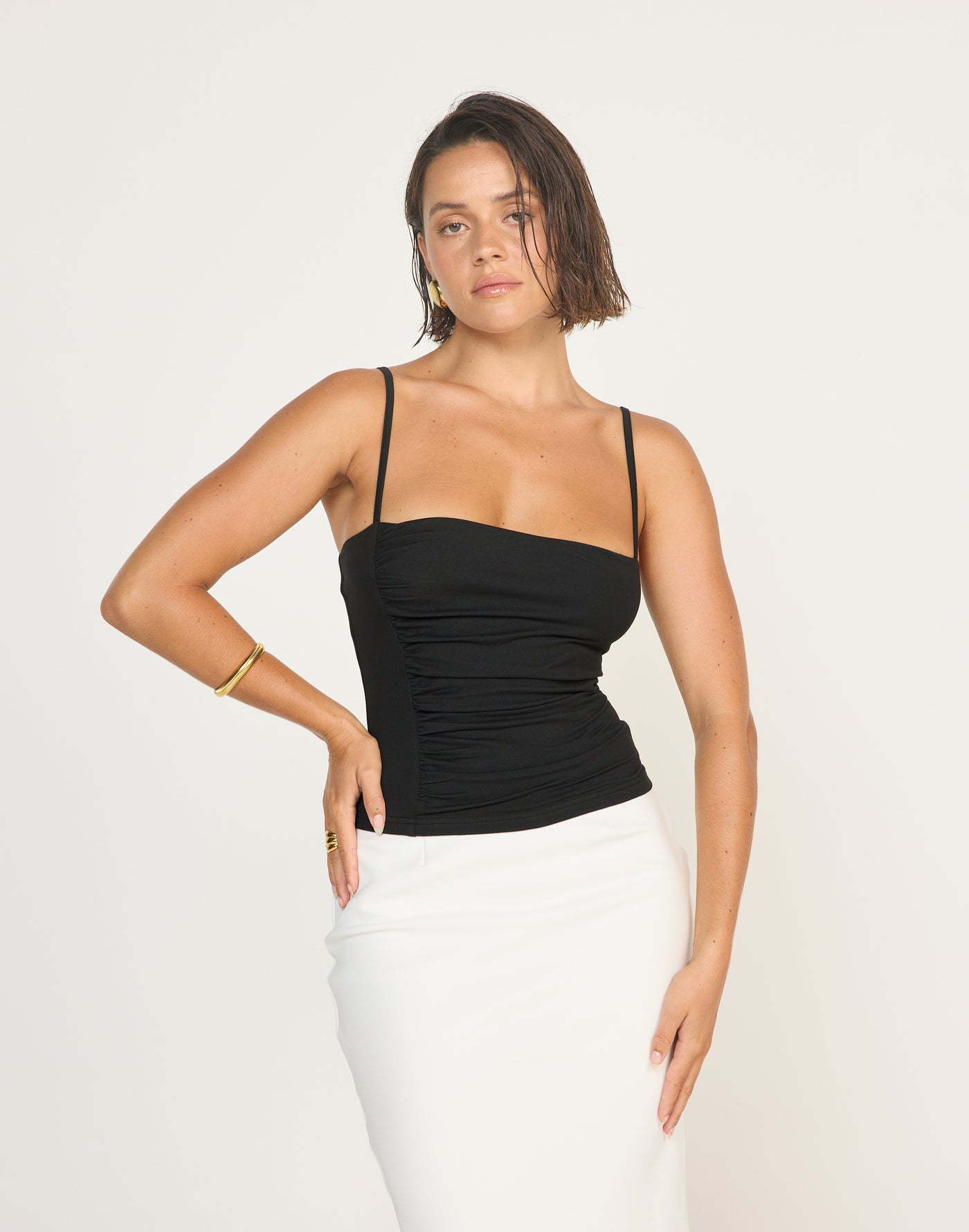 Mira Top (Black)| CHARCOAL EXCLUSIVE | Jersey Fabrication Ruched Singlet Top - Women's Top - Charcoal Clothing