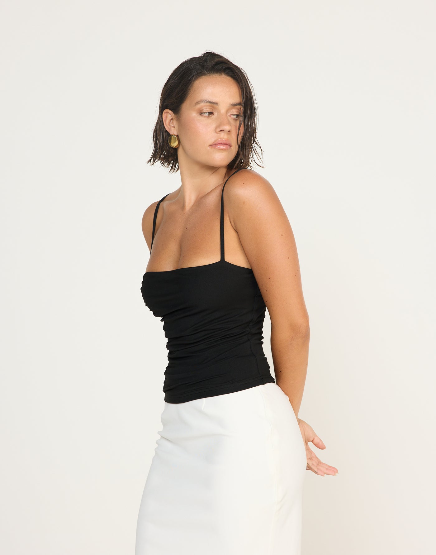 Mira Top (Black)| CHARCOAL EXCLUSIVE | Jersey Fabrication Ruched Singlet Top - Women's Top - Charcoal Clothing