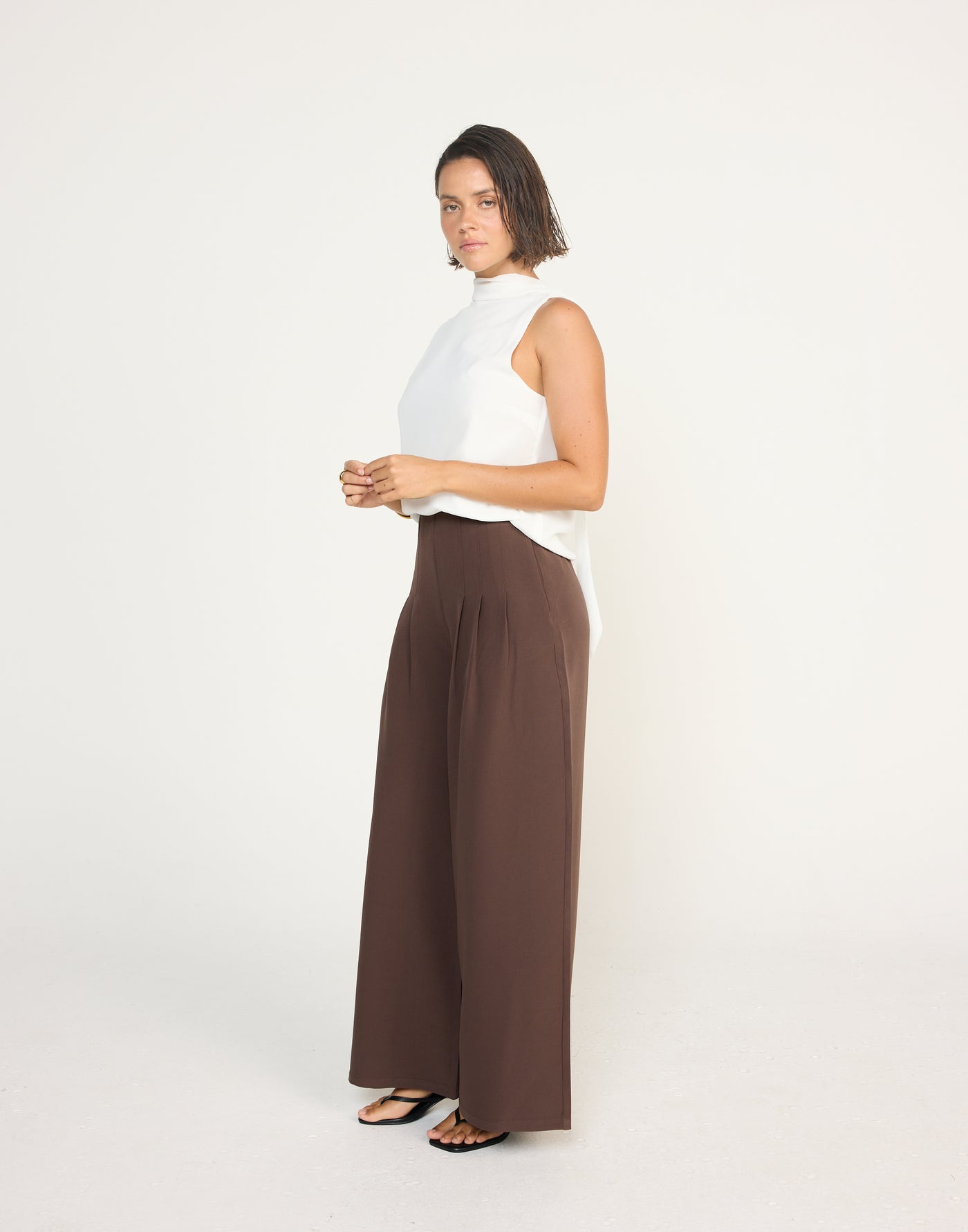 Nikolai Top (White) | CHARCOAL Exclusive - High Neckline Low Back Top with Attached Neck Scarf - Women's Top - Charcoal Clothing