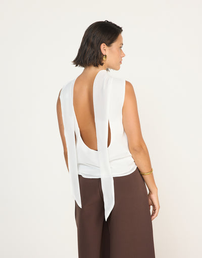 Nikolai Top (White) | CHARCOAL Exclusive - High Neckline Low Back Top with Attached Neck Scarf - Women's Top - Charcoal Clothing
