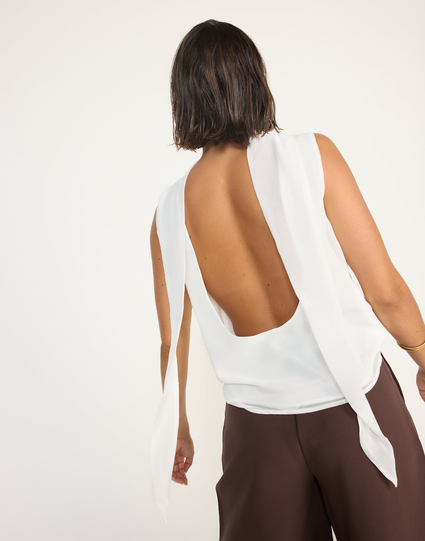Nikolai Top (White) | CHARCOAL Exclusive - High Neckline Low Back Top with Attached Neck Scarf - Women's Top - Charcoal Clothing