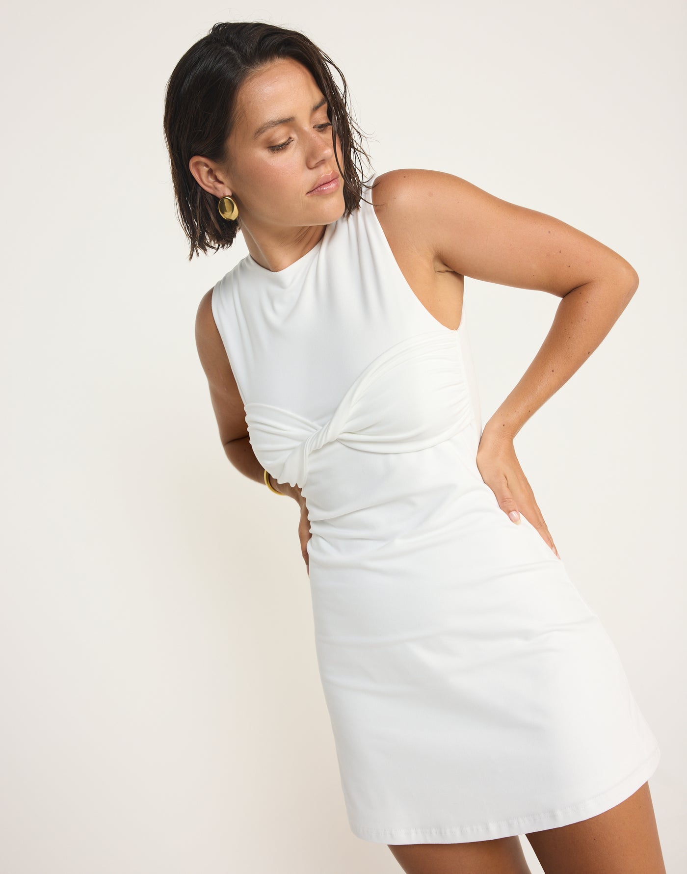 Seaside Mini Dress (White) | CHARCOAL EXCLUSIVE | Bodycon Mini Dress Twisted Bust Detail Boatneck - Women's Dress - Charcoal Clothing