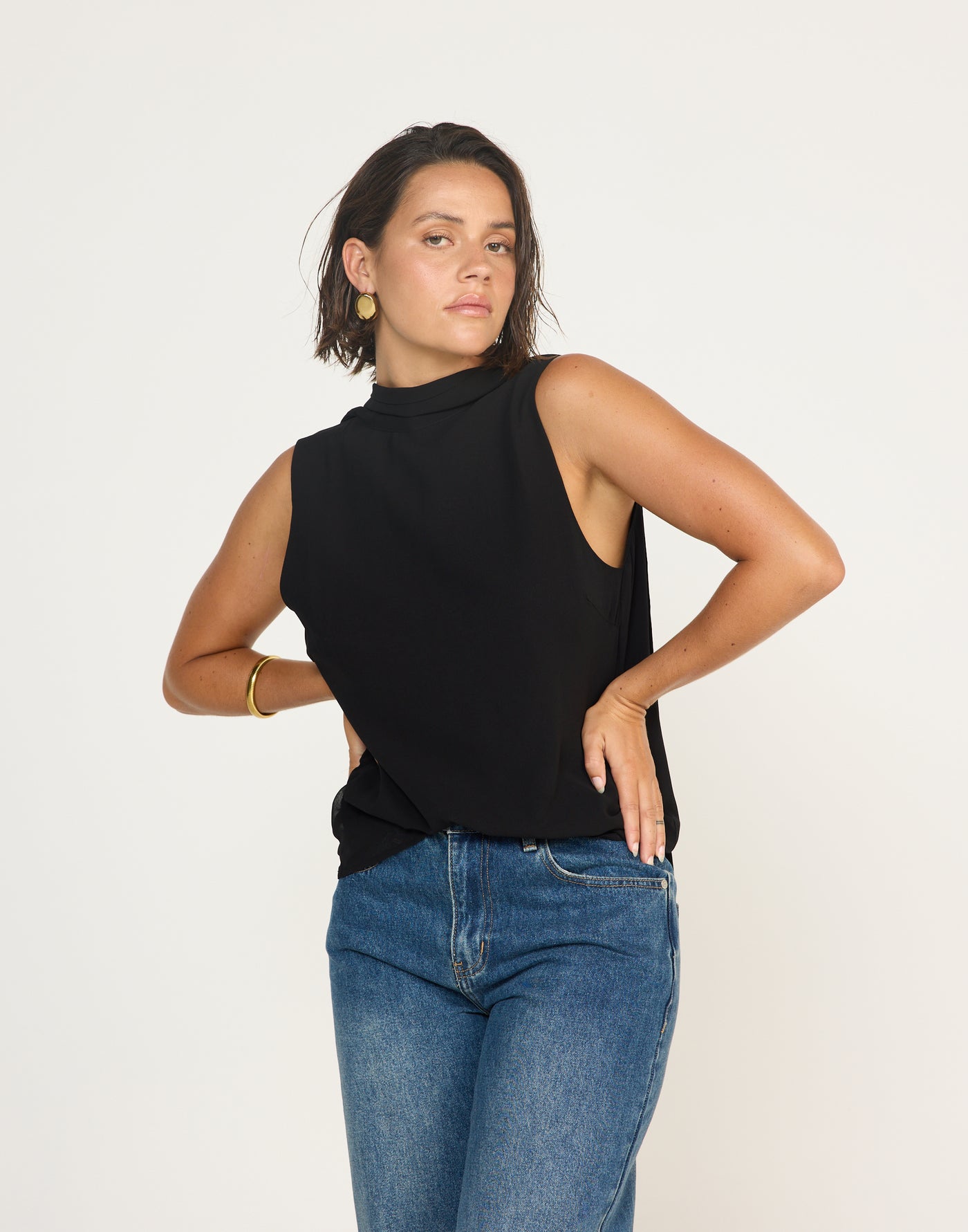 Nikolai Top (Black) | CHARCOAL Exclusive - High Neckline Low Back Top with Attached Neck Scarf - Women's Top - Charcoal Clothing
