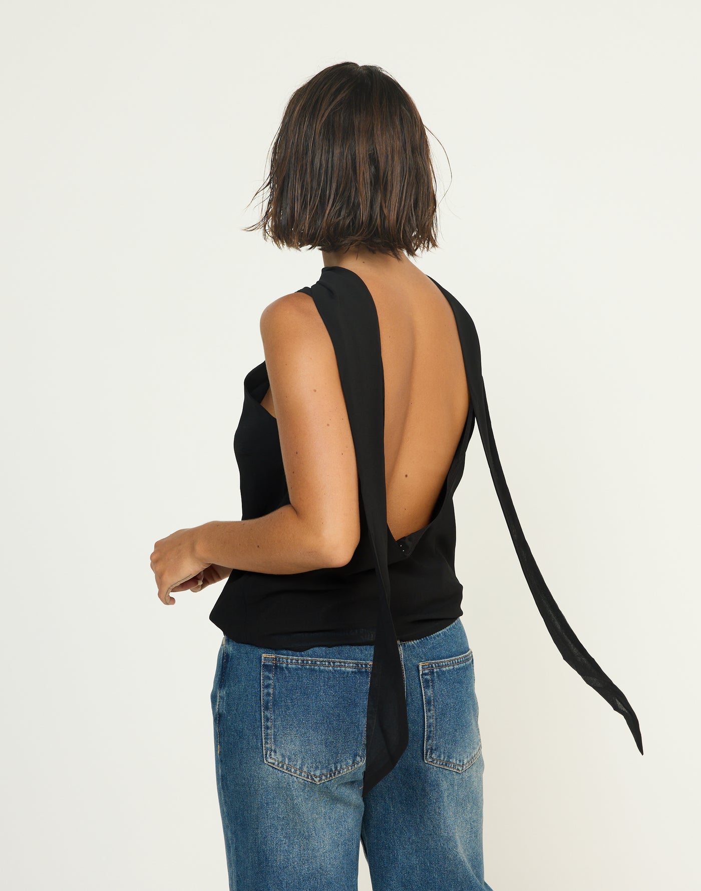 Nikolai Top (Black) | CHARCOAL Exclusive - High Neckline Low Back Top with Attached Neck Scarf - Women's Top - Charcoal Clothing