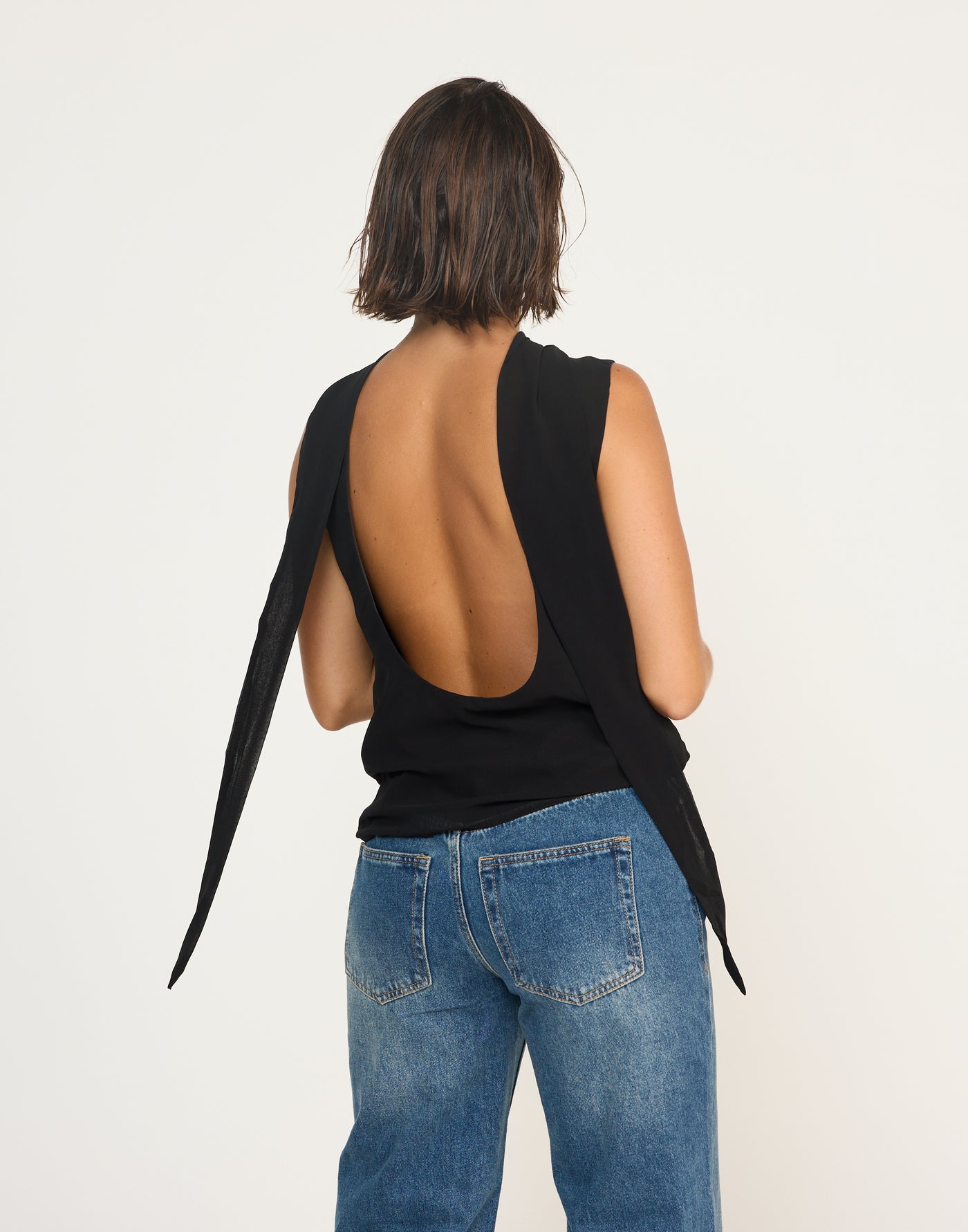 Nikolai Top (Black) | CHARCOAL Exclusive - High Neckline Low Back Top with Attached Neck Scarf - Women's Top - Charcoal Clothing