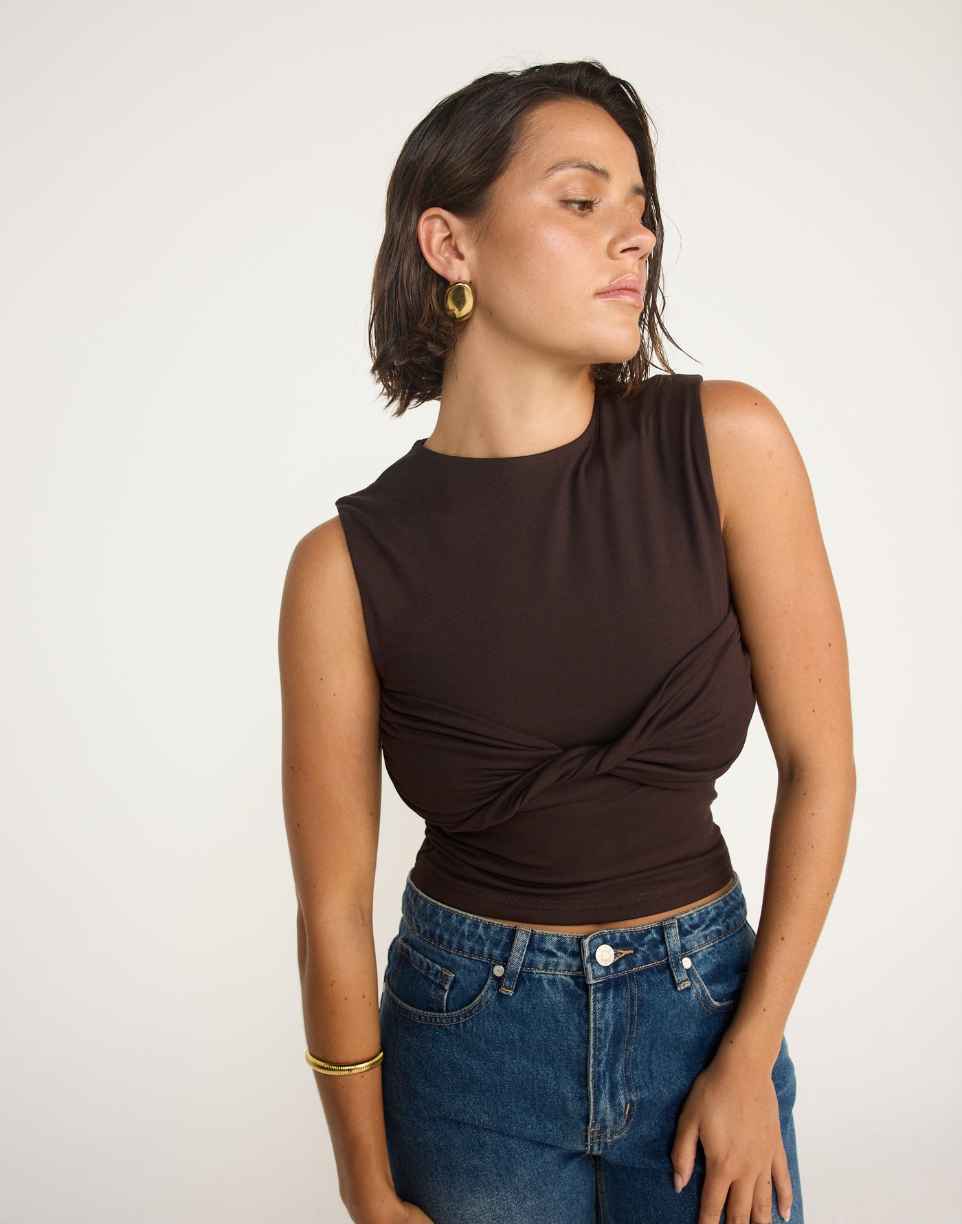 Seaside Top (Chocolate) | CHARCOAL EXCLUSIVE | Bodycon Twisted Bust Detail Boatneck Top - Women's Top - Charcoal Clothing