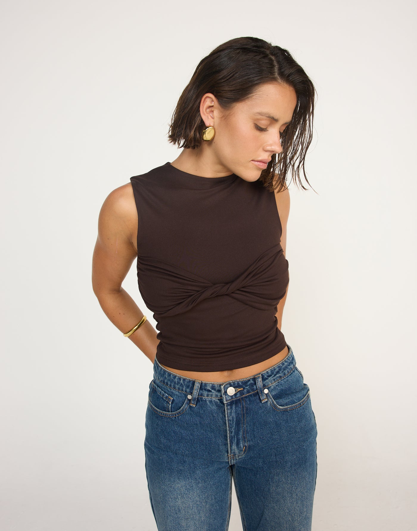 Seaside Top (Chocolate) | CHARCOAL EXCLUSIVE | Bodycon Twisted Bust Detail Boatneck Top - Women's Top - Charcoal Clothing