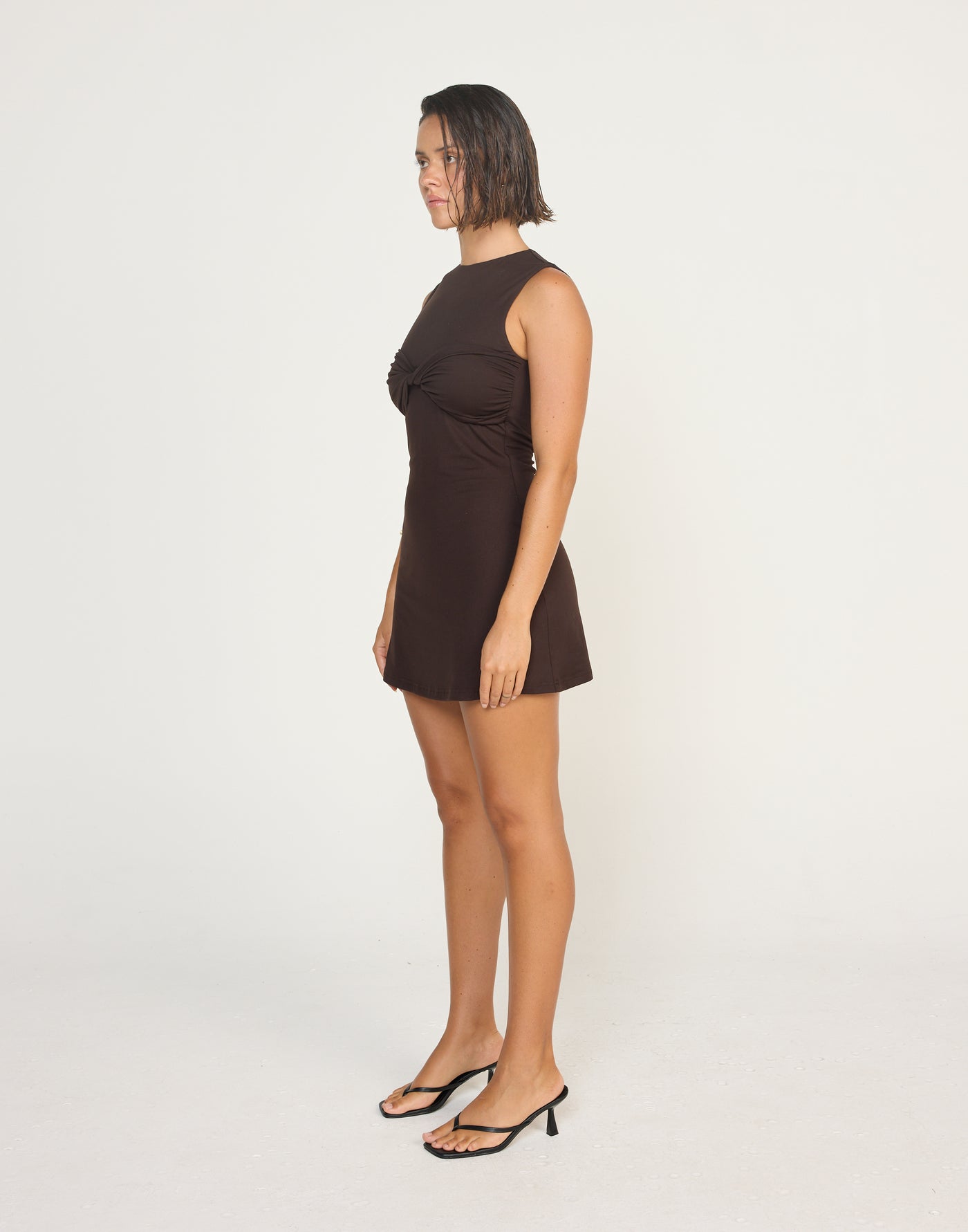 Seaside Mini Dress (Chocolate) | CHARCOAL EXCLUSIVE | Bodycon Mini Dress Twisted Bust Detail Boatneck - Women's Dress - Charcoal Clothing