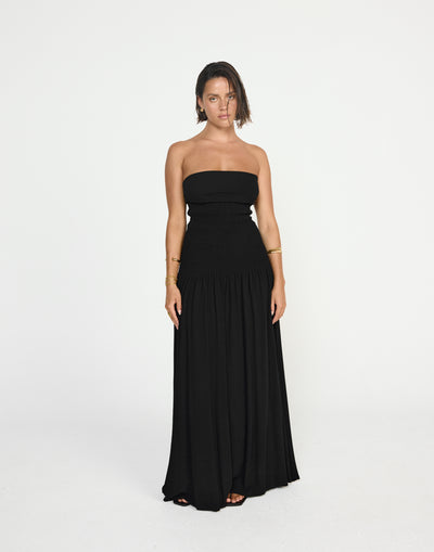 Daria Maxi Dress (Black) - CHARCOAL EXCLUSIVE - Ribbed Bodice Strapless Linen Maxi Dress - Women's Dress - Charcoal Clothing