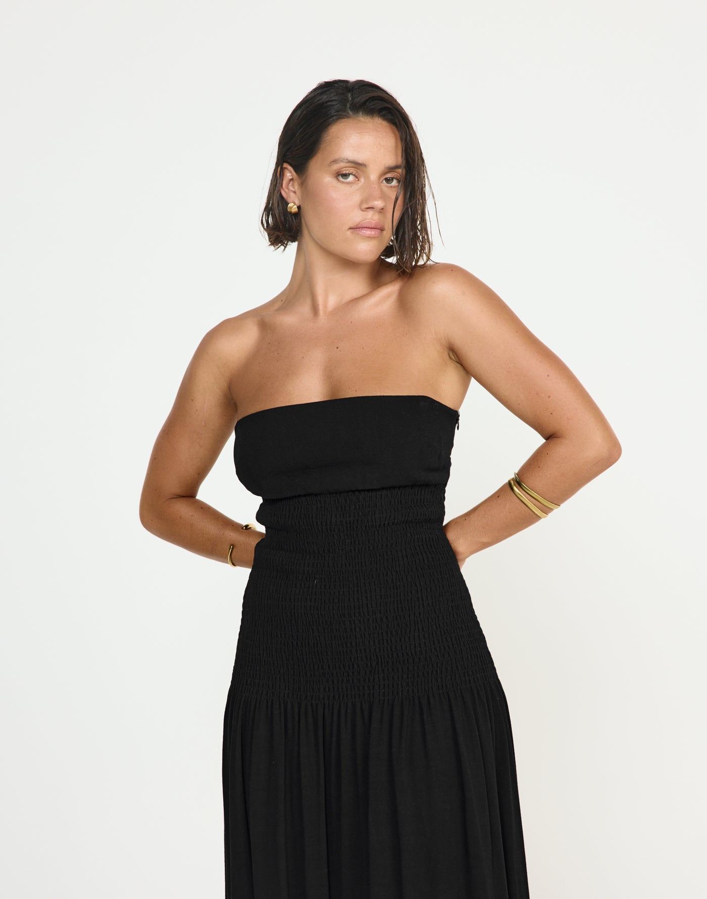 Daria Maxi Dress (Black) - CHARCOAL EXCLUSIVE - Ribbed Bodice Strapless Linen Maxi Dress - Women's Dress - Charcoal Clothing