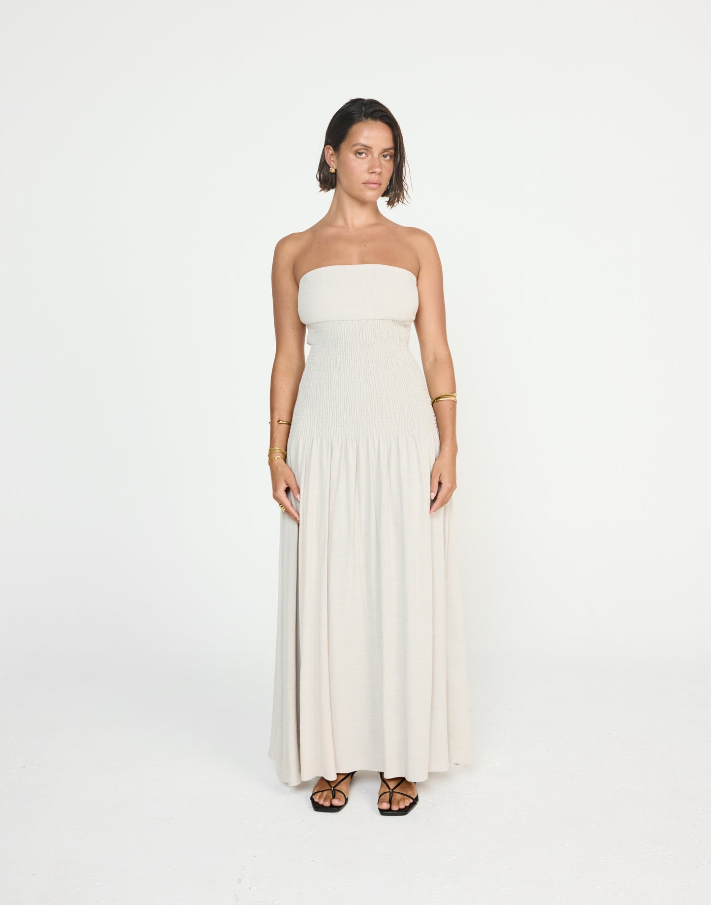 Daria Maxi Dress (Latte) - CHARCOAL EXCLUSIVE - Ribbed Bodice Strapless Linen Maxi Dress - Women's Dress - Charcoal Clothing