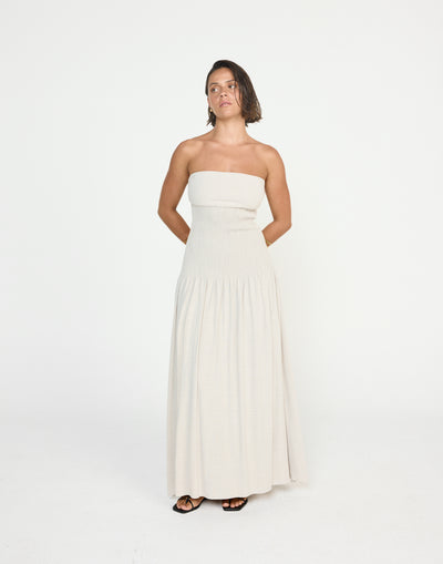Daria Maxi Dress (Latte) - CHARCOAL EXCLUSIVE - Ribbed Bodice Strapless Linen Maxi Dress - Women's Dress - Charcoal Clothing