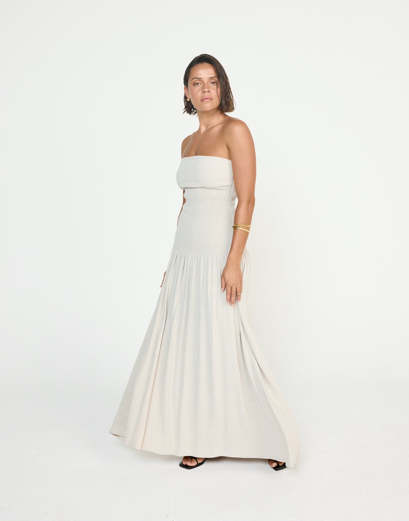 Daria Maxi Dress (Latte) - CHARCOAL EXCLUSIVE - Ribbed Bodice Strapless Linen Maxi Dress - Women's Dress - Charcoal Clothing
