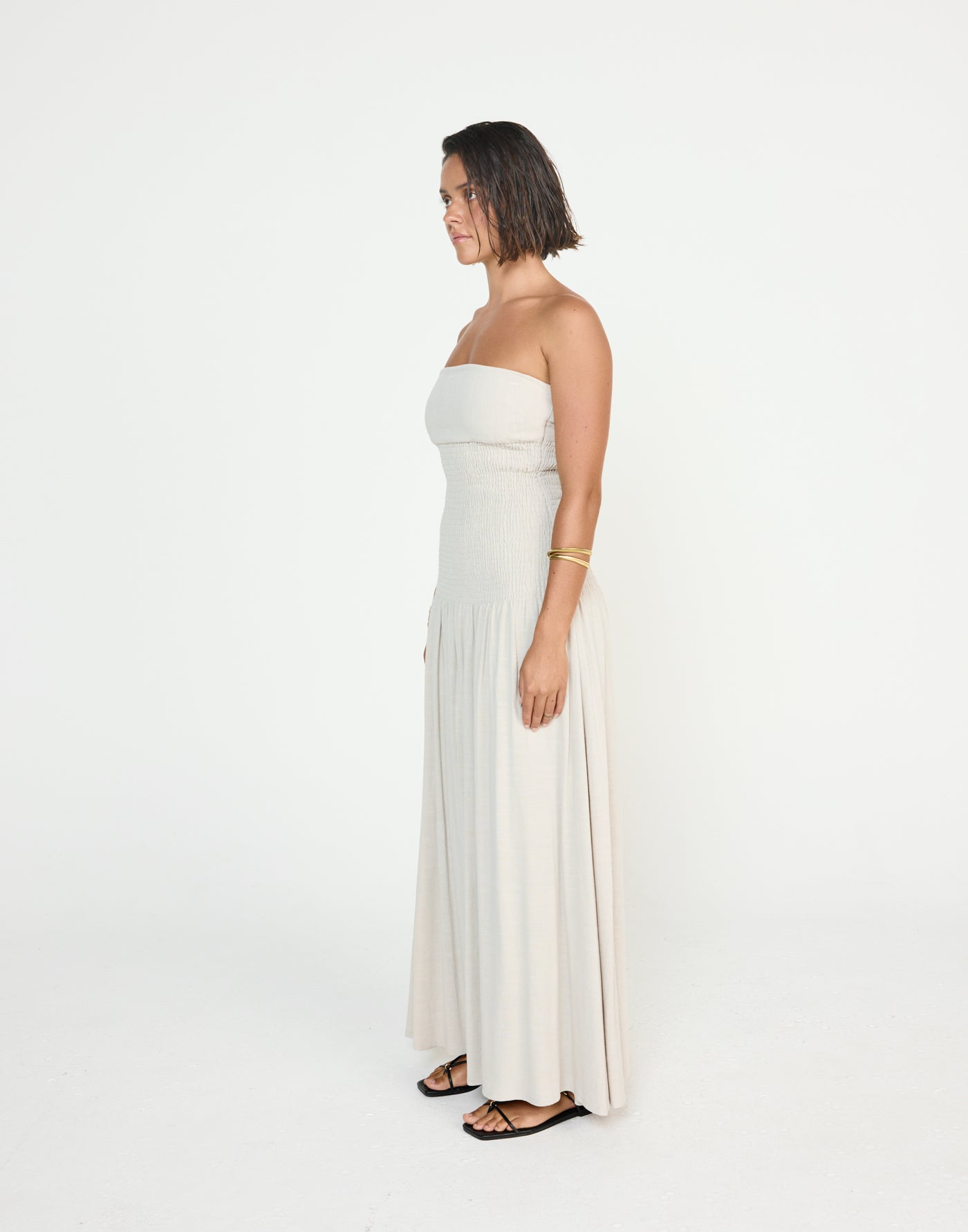 Daria Maxi Dress (Latte) - CHARCOAL EXCLUSIVE - Ribbed Bodice Strapless Linen Maxi Dress - Women's Dress - Charcoal Clothing