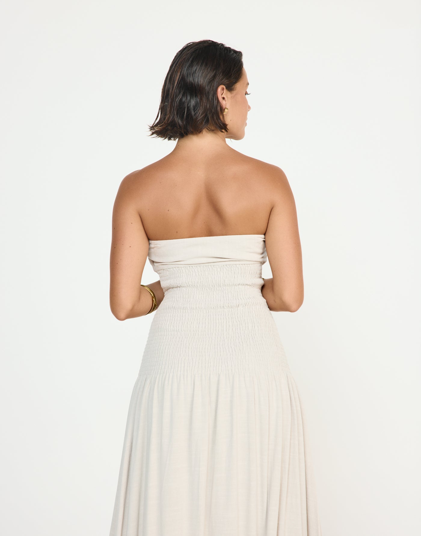 Daria Maxi Dress (Latte) - CHARCOAL EXCLUSIVE - Ribbed Bodice Strapless Linen Maxi Dress - Women's Dress - Charcoal Clothing