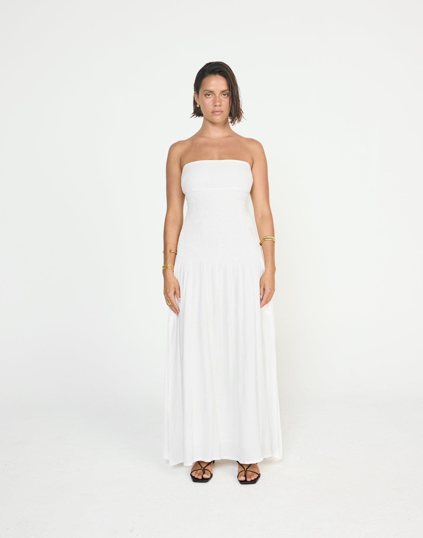 Daria Maxi Dress (White) - CHARCOAL EXCLUSIVE - Ribbed Bodice Strapless Linen Maxi Dress - Women's Dress - Charcoal Clothing