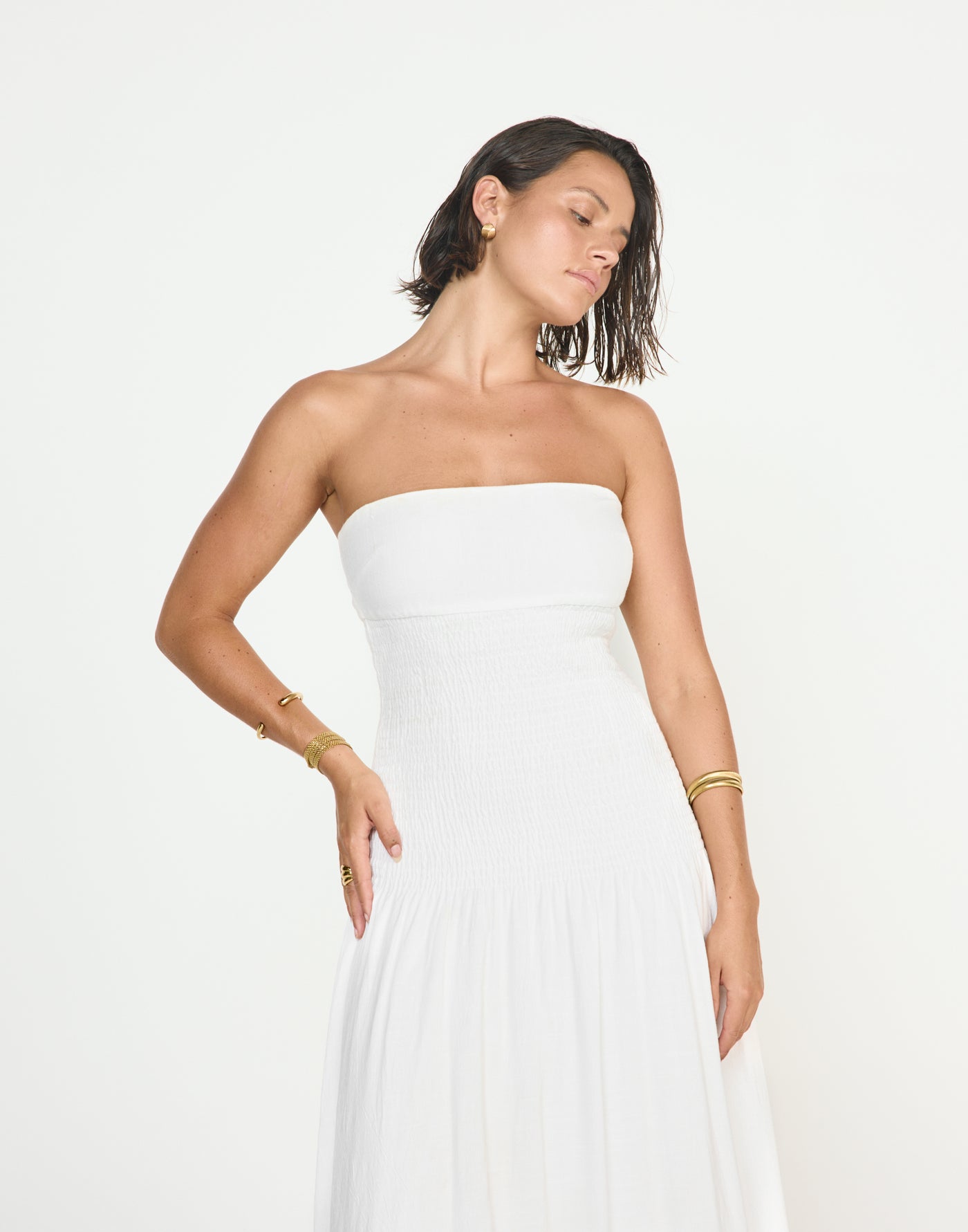 Daria Maxi Dress (White) - CHARCOAL EXCLUSIVE - Ribbed Bodice Strapless Linen Maxi Dress - Women's Dress - Charcoal Clothing