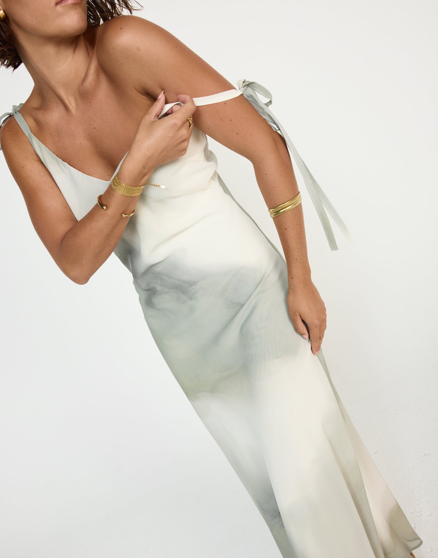 Adrina Maxi Dress (Sage) | CHARCOAL Exclusive - V Neckline Tie Up Straps Flowy Maxi Dress - Women's Dress - Charcoal Clothing