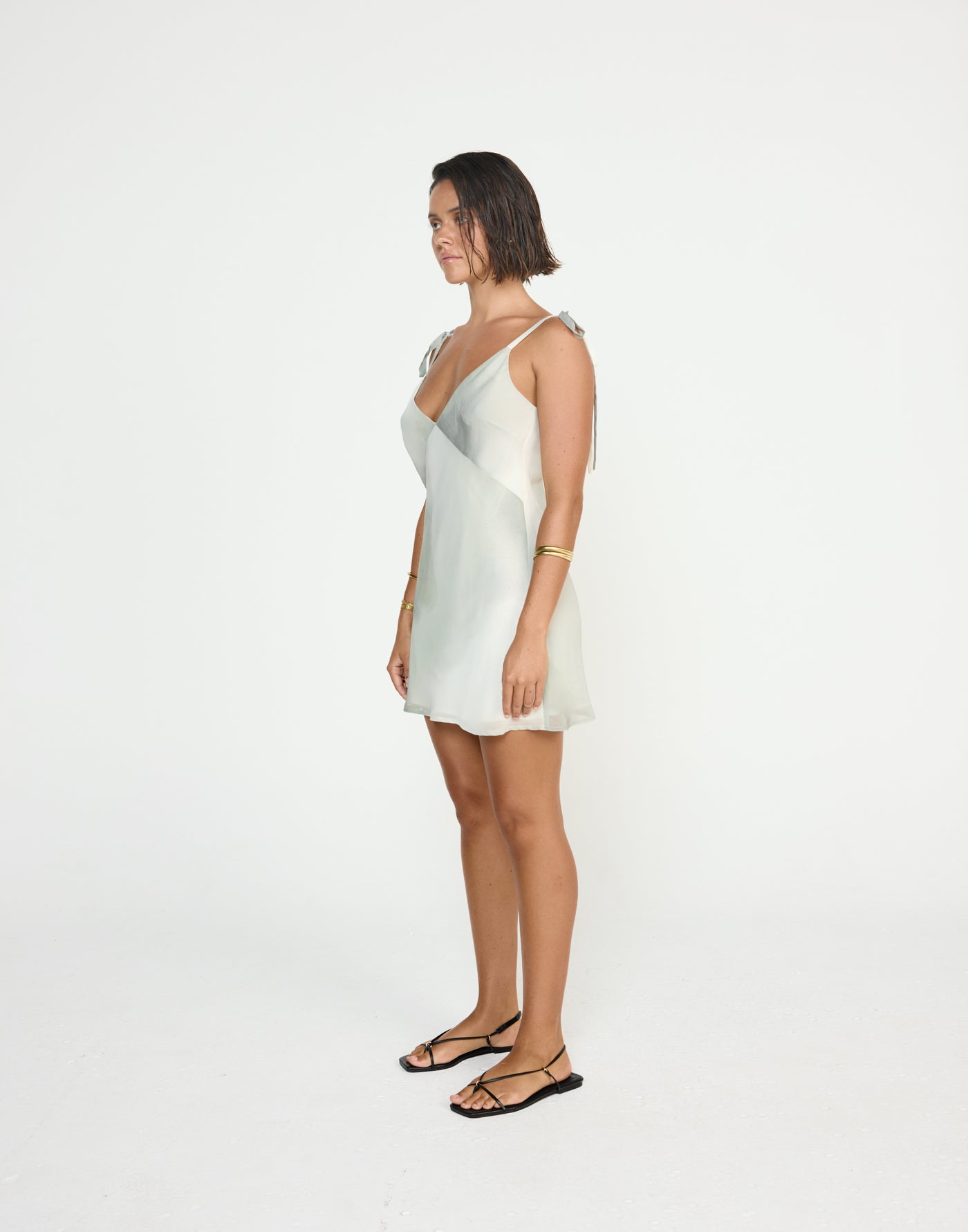 Adrina Mini Dress (Sage) | CHARCOAL Exclusive - V Neckline Tie Up Straps Flowy Mini Dress - Women's Dress - Charcoal Clothing