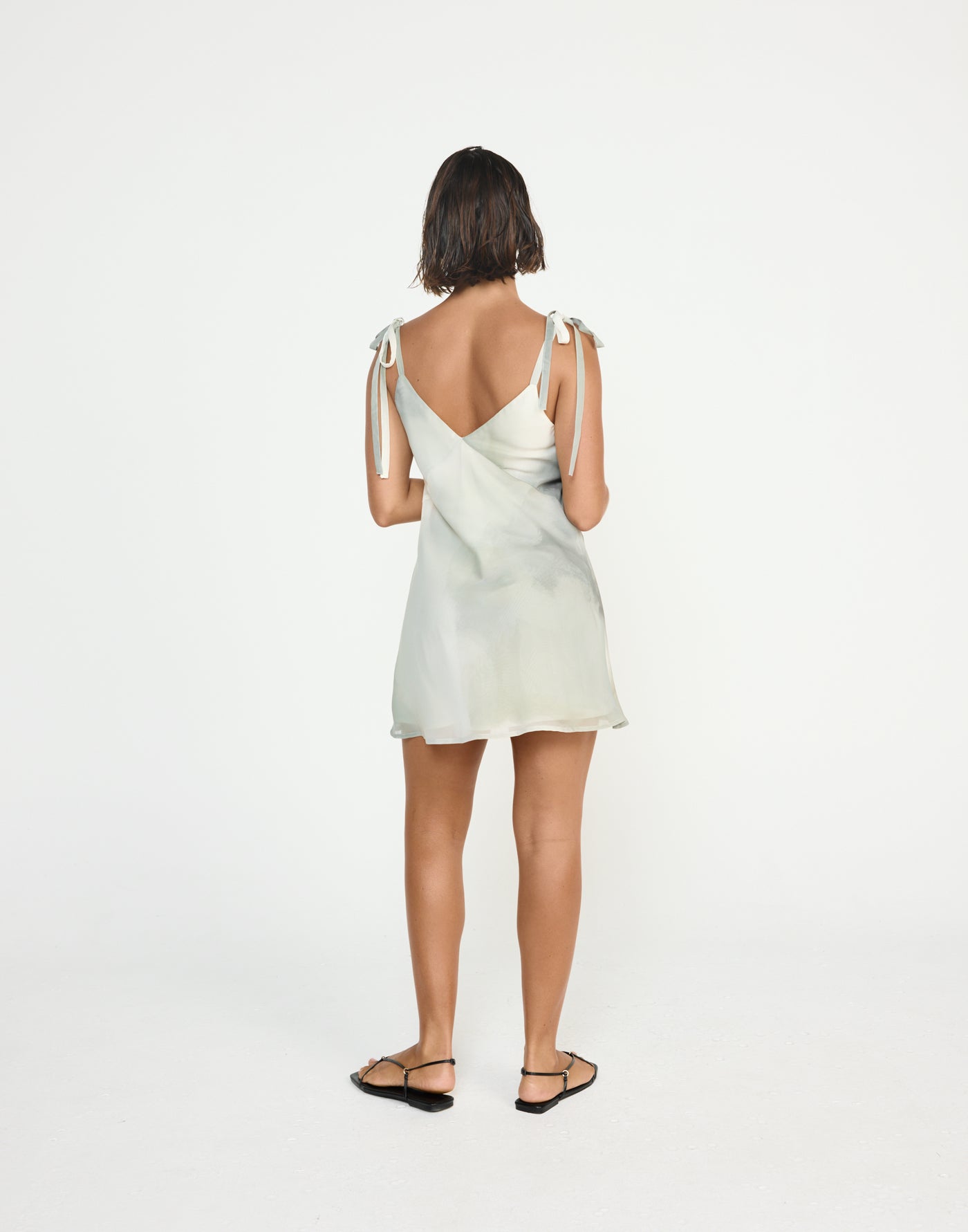 Adrina Mini Dress (Sage) | CHARCOAL Exclusive - V Neckline Tie Up Straps Flowy Mini Dress - Women's Dress - Charcoal Clothing