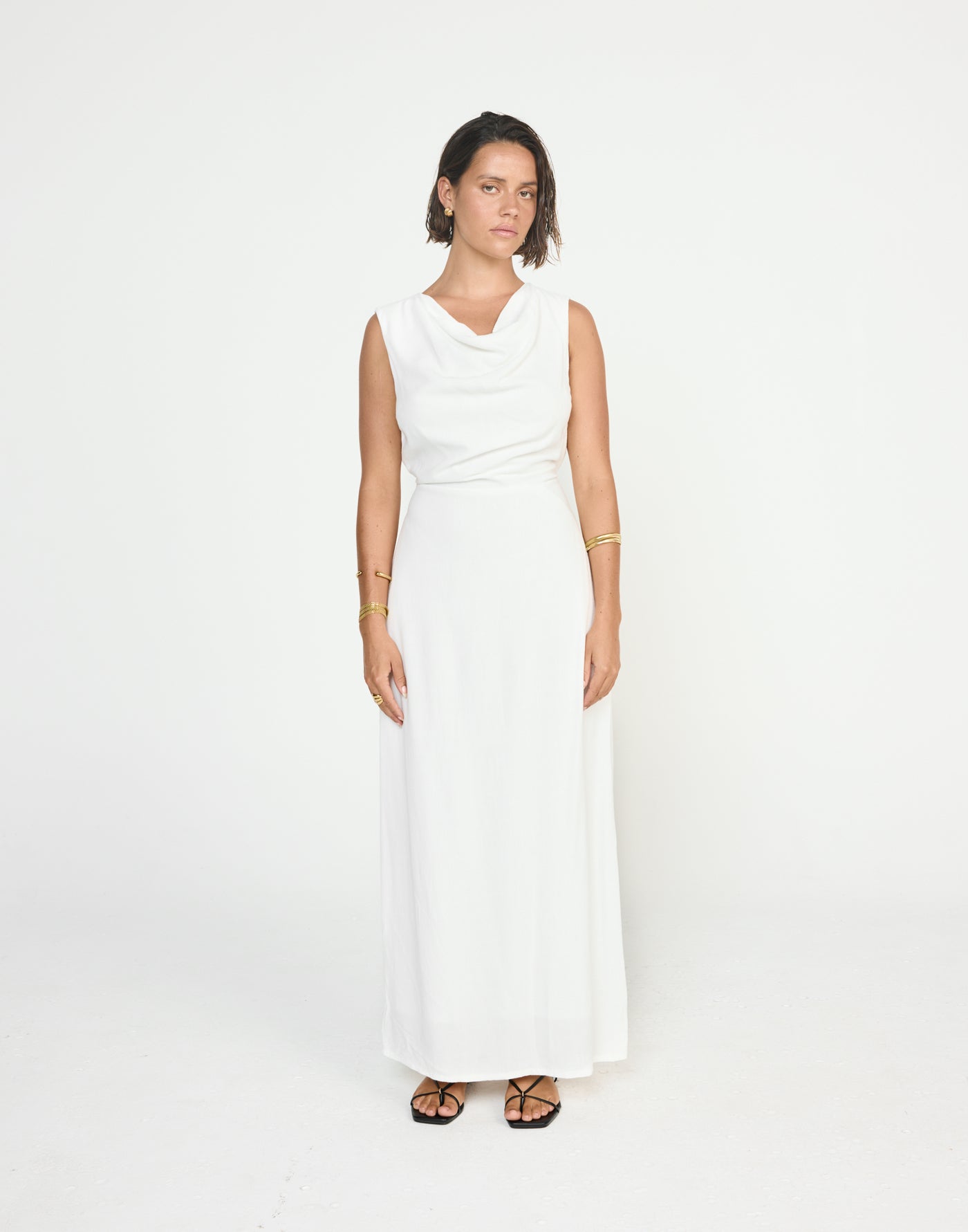 Shoreline Maxi Dress (White) - CHARCOAL EXCLUSIVE - Cowl neckline linen flowy maxi dress with adjustable back tie - Women's Dress - Charcoal Clothing