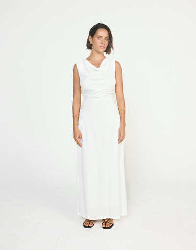 Shoreline Maxi Dress (White) - CHARCOAL EXCLUSIVE - Cowl neckline linen flowy maxi dress with adjustable back tie - Women's Dress - Charcoal Clothing