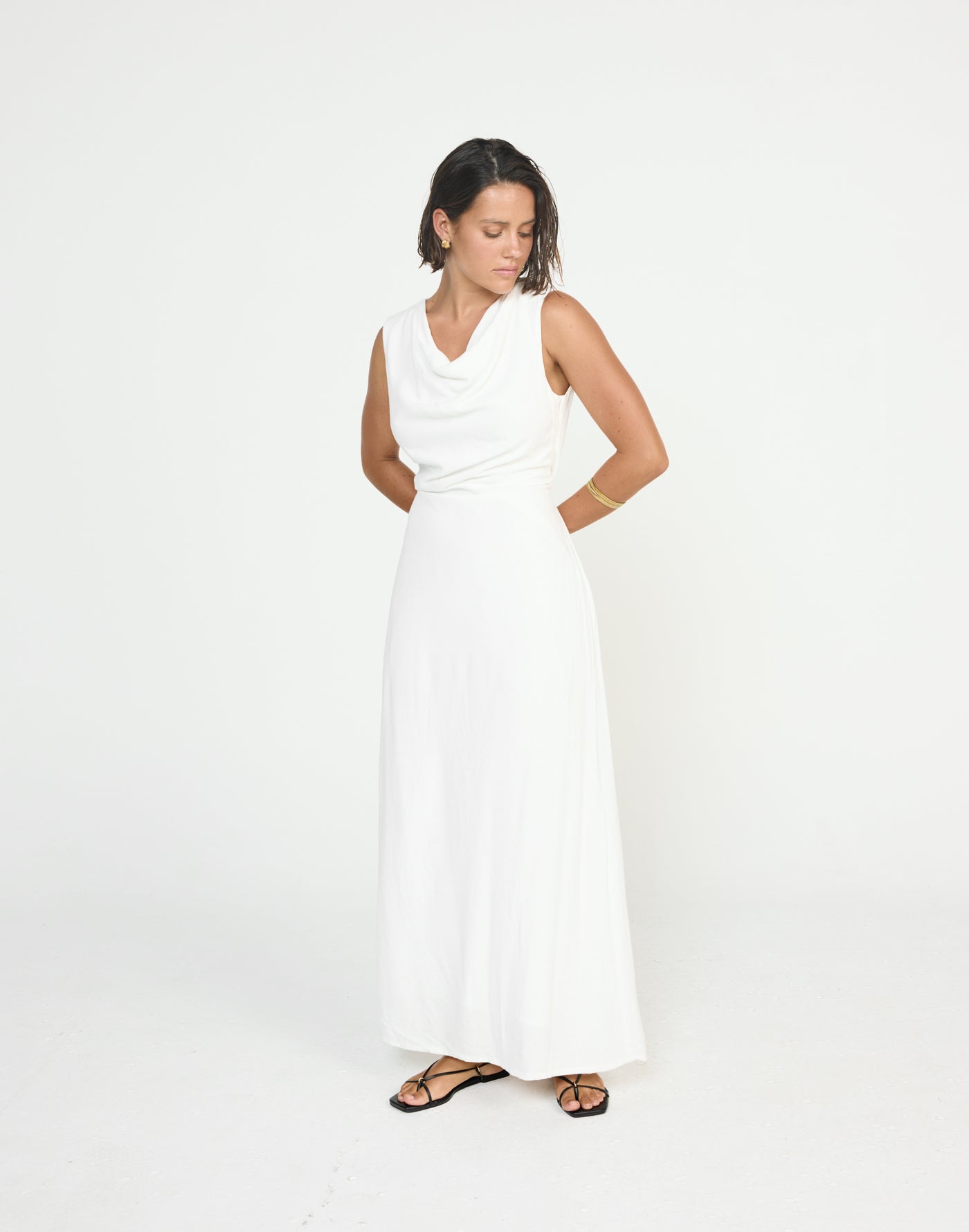Shoreline Maxi Dress (White) - CHARCOAL EXCLUSIVE - Cowl neckline linen flowy maxi dress with adjustable back tie - Women's Dress - Charcoal Clothing