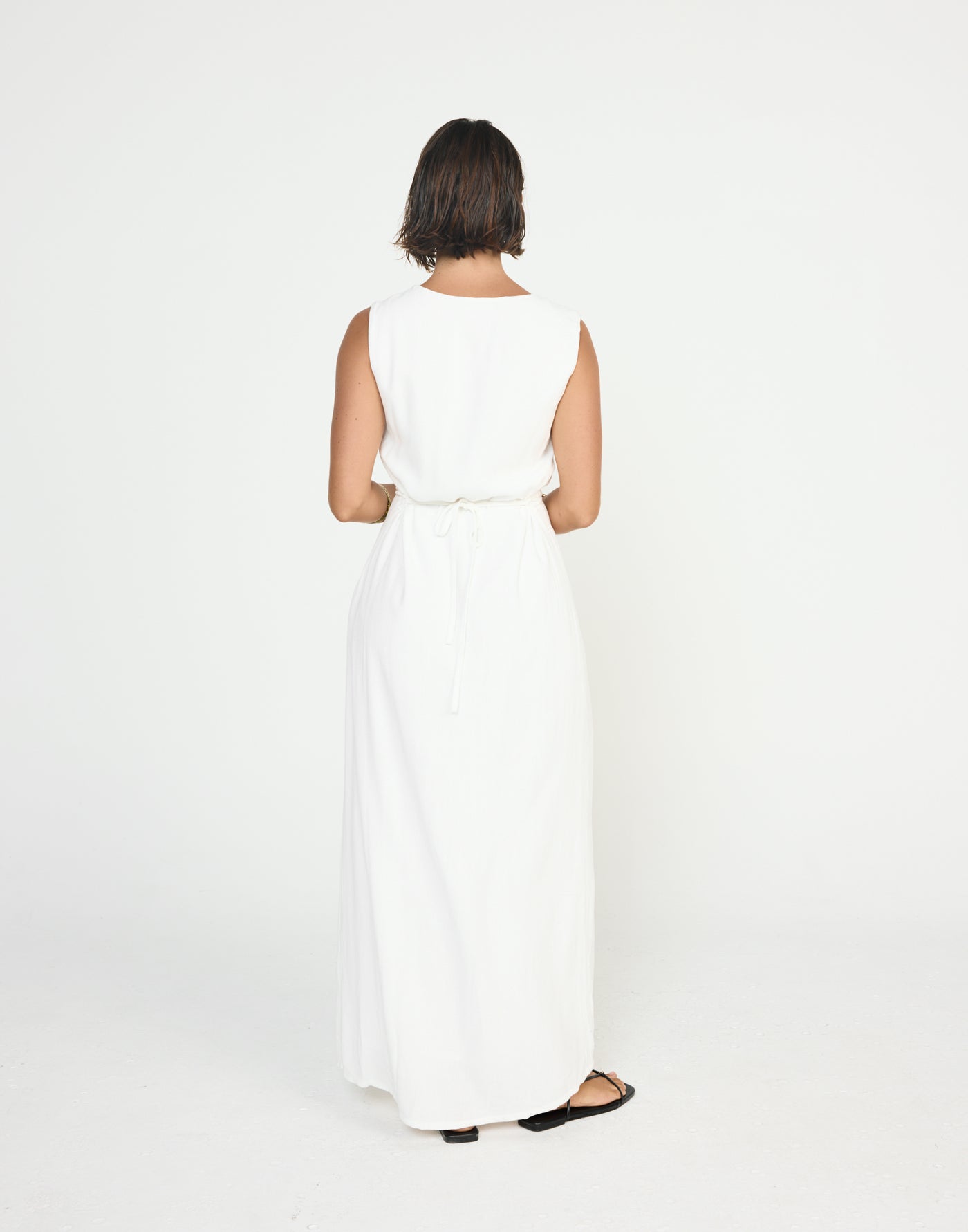 Shoreline Maxi Dress (White) - CHARCOAL EXCLUSIVE - Cowl neckline linen flowy maxi dress with adjustable back tie - Women's Dress - Charcoal Clothing
