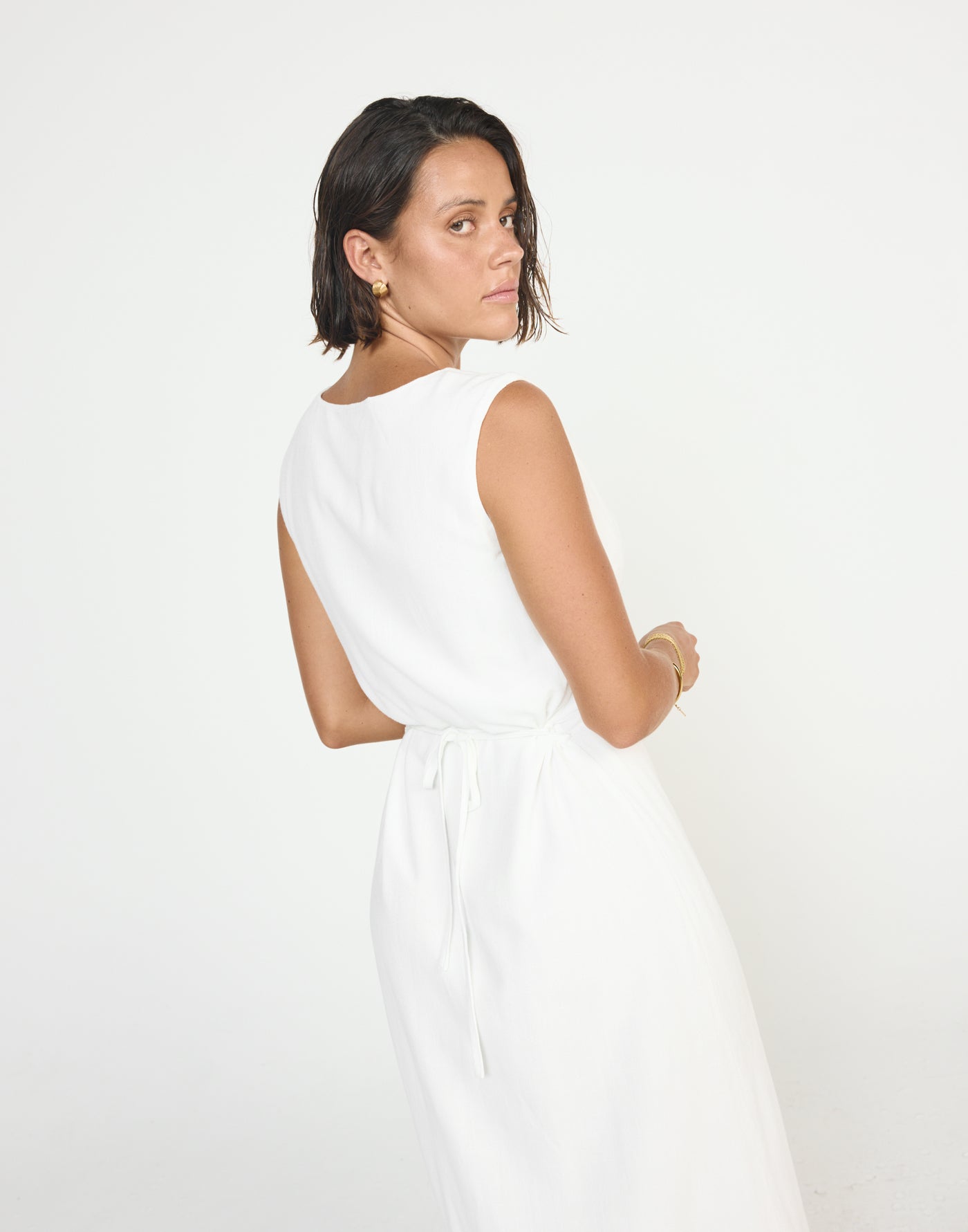 Shoreline Maxi Dress (White) - CHARCOAL EXCLUSIVE - Cowl neckline linen flowy maxi dress with adjustable back tie - Women's Dress - Charcoal Clothing
