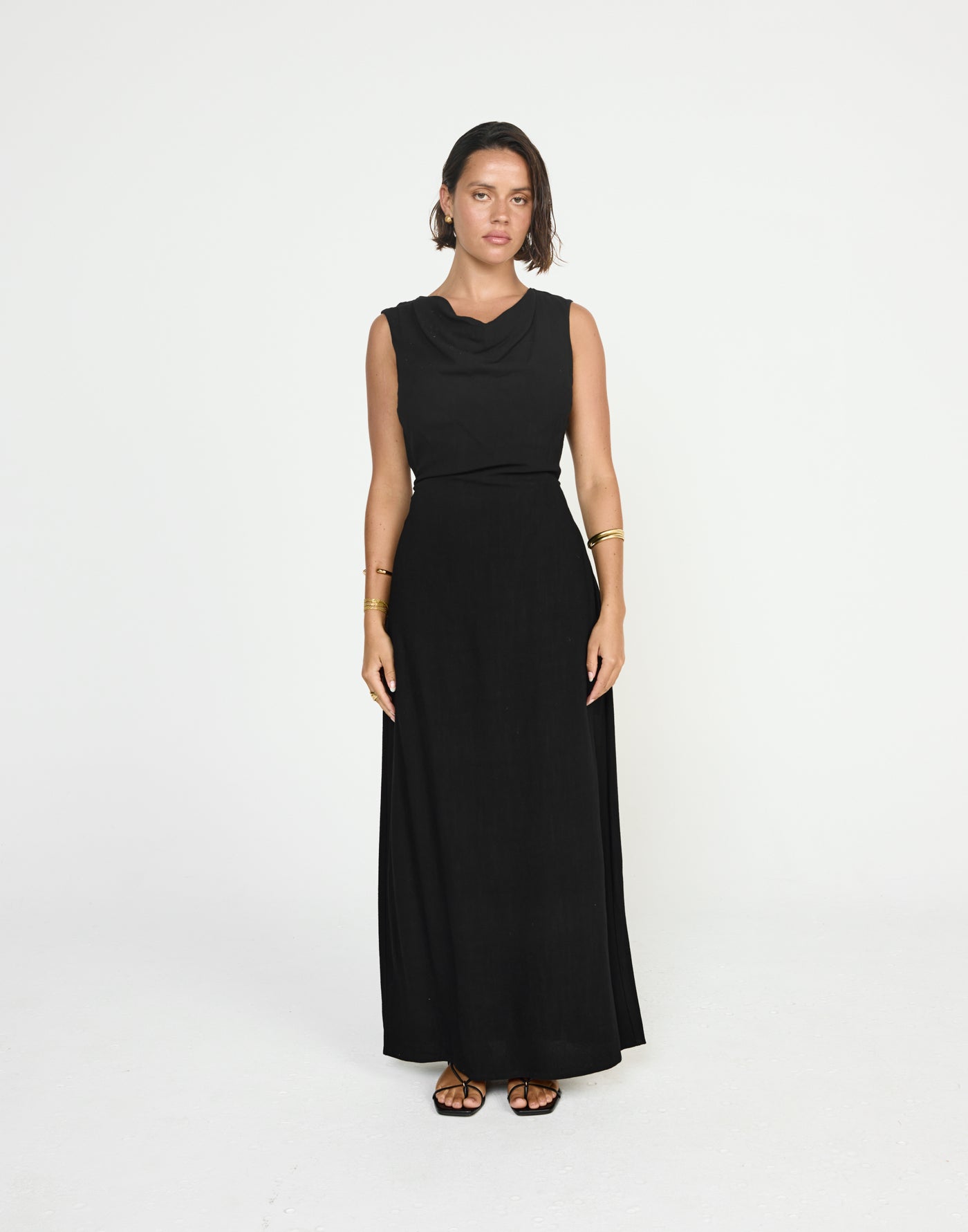 Shoreline Maxi Dress (Black) - CHARCOAL EXCLUSIVE - Cowl neckline linen flowy maxi dress with adjustable back tie - Women's Dress - Charcoal Clothing