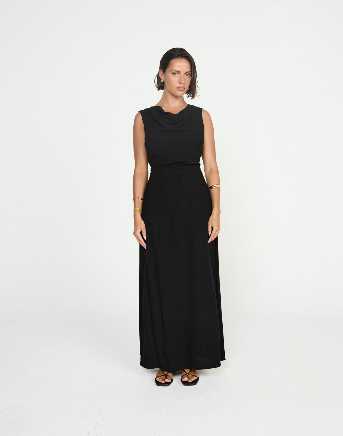 Shoreline Maxi Dress (Black) - CHARCOAL EXCLUSIVE - Cowl neckline linen flowy maxi dress with adjustable back tie - Women's Dress - Charcoal Clothing