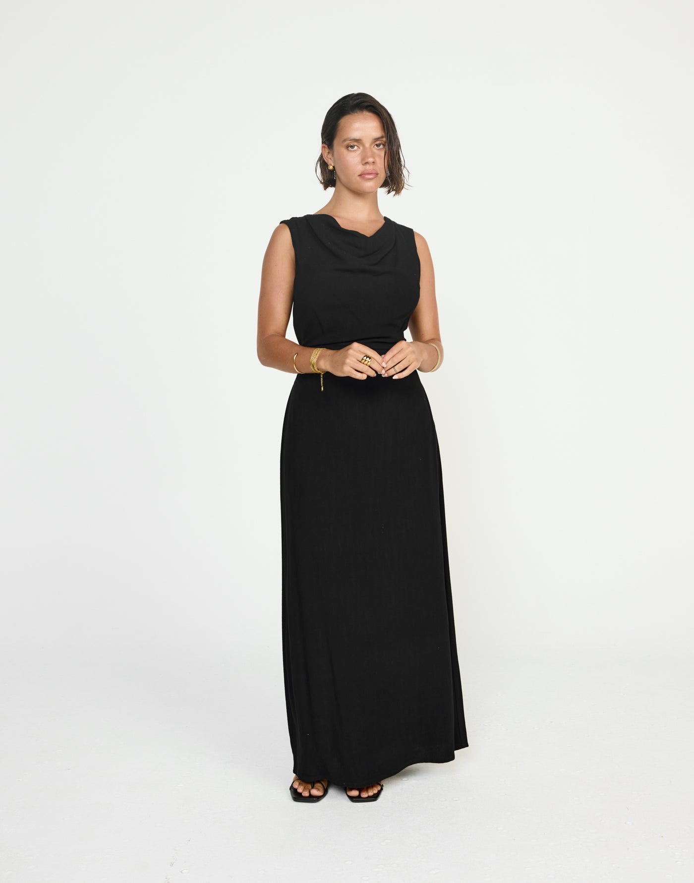 Shoreline Maxi Dress (Black) - CHARCOAL EXCLUSIVE - Cowl neckline linen flowy maxi dress with adjustable back tie - Women's Dress - Charcoal Clothing