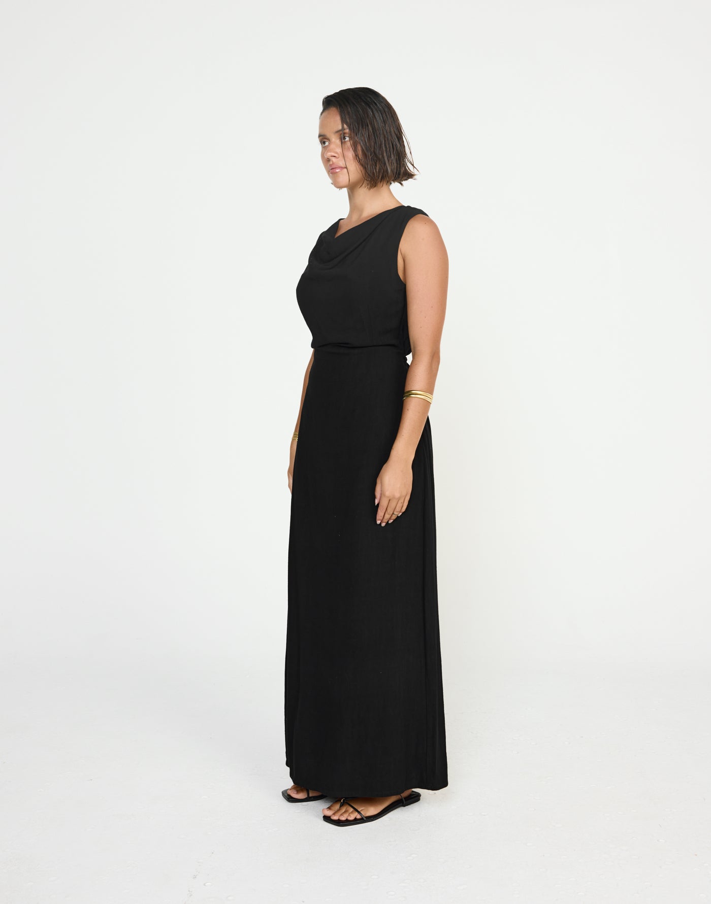 Shoreline Maxi Dress (Black) - CHARCOAL EXCLUSIVE - Cowl neckline linen flowy maxi dress with adjustable back tie - Women's Dress - Charcoal Clothing