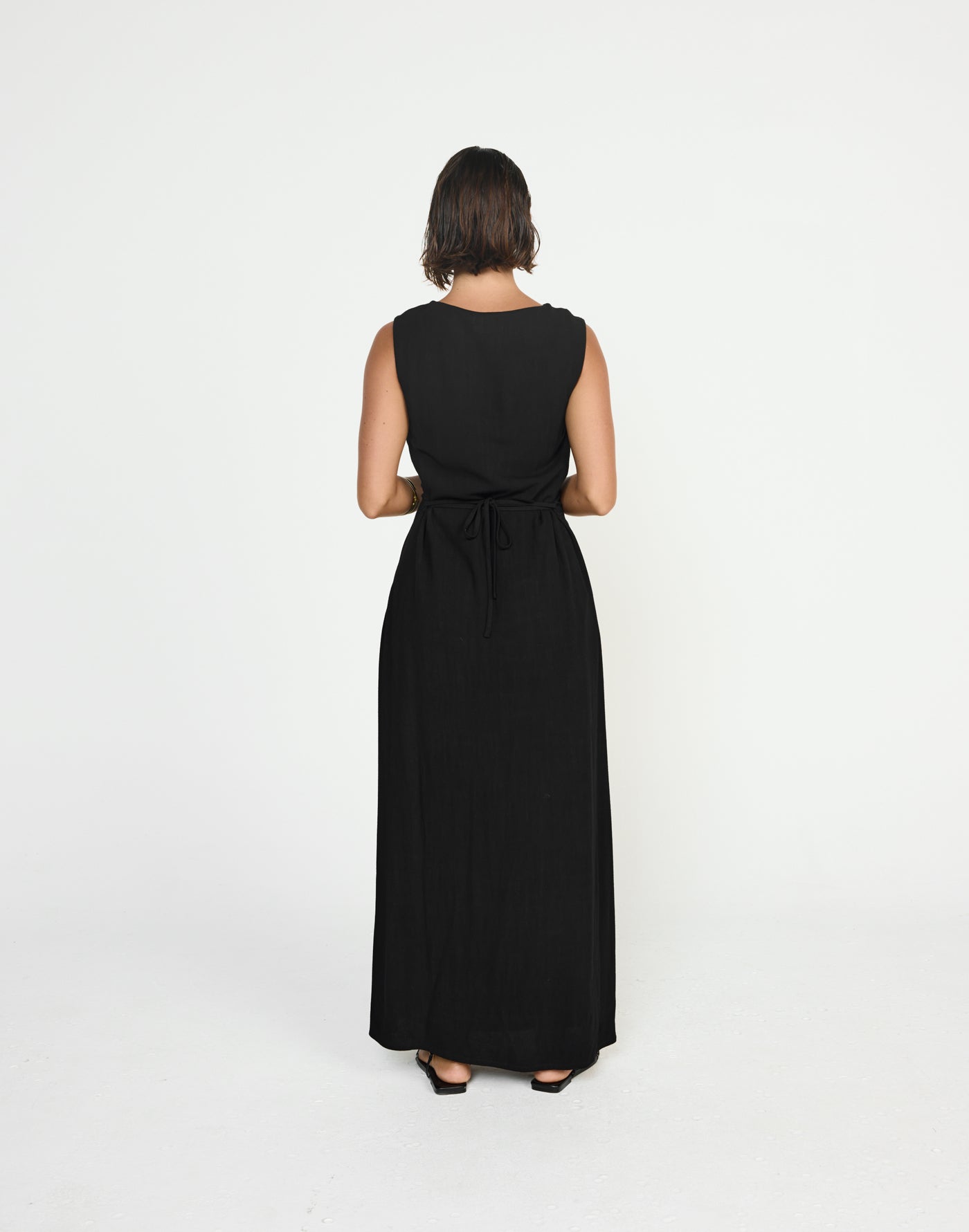 Shoreline Maxi Dress (Black) - CHARCOAL EXCLUSIVE - Cowl neckline linen flowy maxi dress with adjustable back tie - Women's Dress - Charcoal Clothing