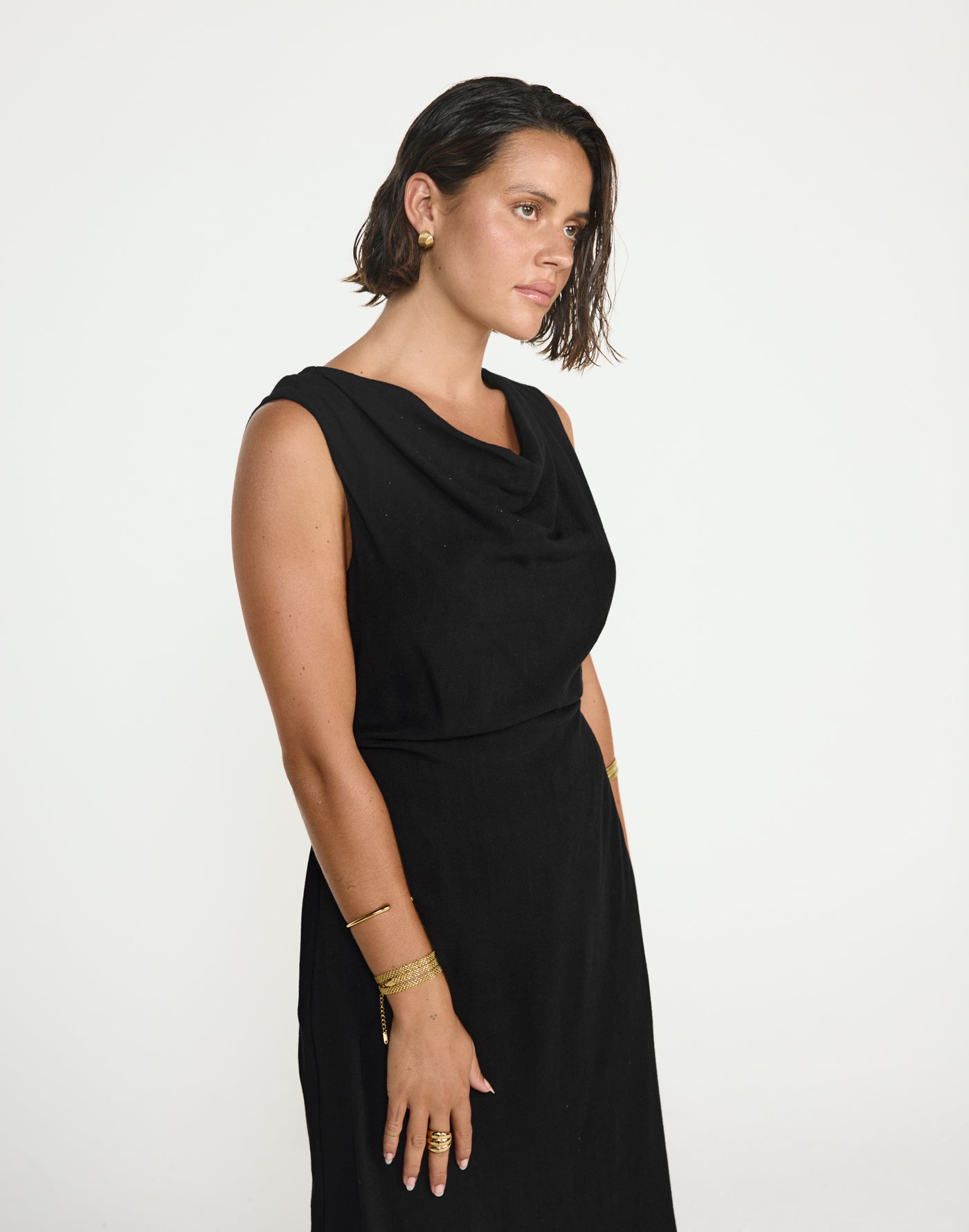 Shoreline Maxi Dress (Black) - CHARCOAL EXCLUSIVE - Cowl neckline linen flowy maxi dress with adjustable back tie - Women's Dress - Charcoal Clothing