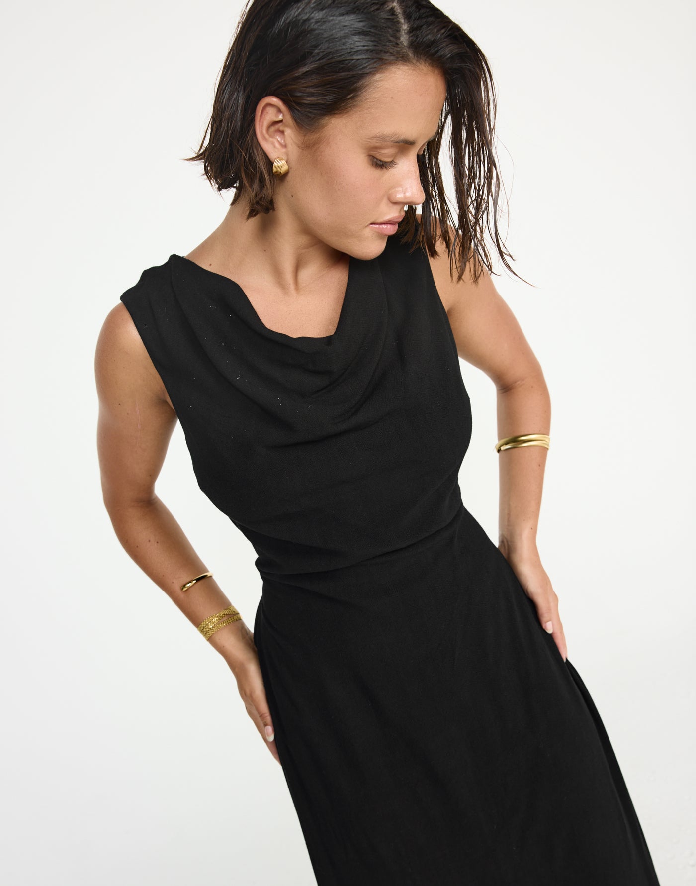 Shoreline Maxi Dress (Black) - CHARCOAL EXCLUSIVE - Cowl neckline linen flowy maxi dress with adjustable back tie - Women's Dress - Charcoal Clothing