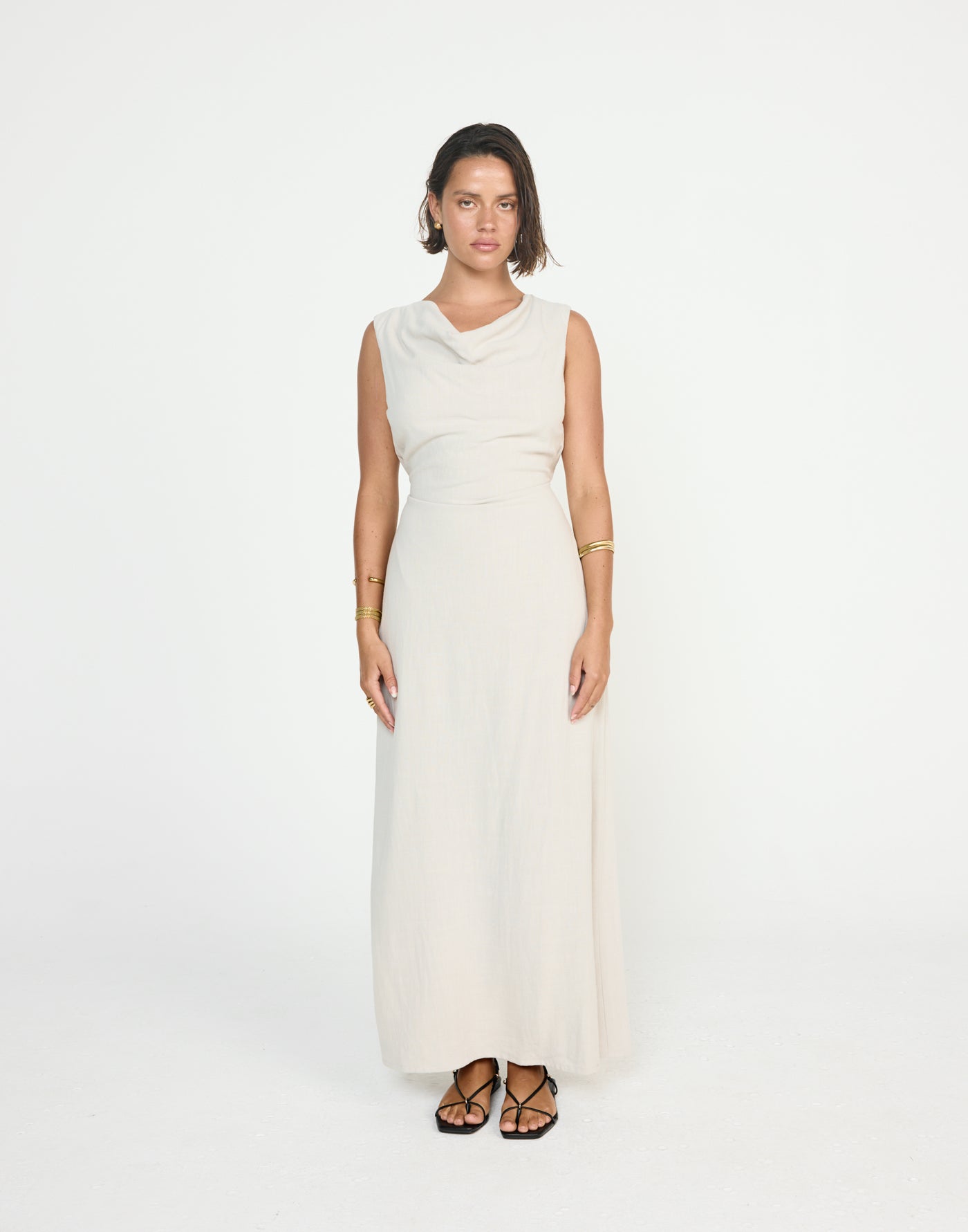 Shoreline Maxi Dress (Latte) - CHARCOAL EXCLUSIVE - Cowl neckline linen flowy maxi dress with adjustable back tie - Women's Dress - Charcoal Clothing