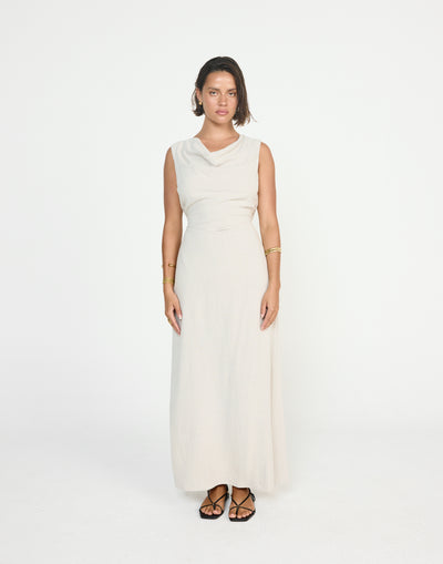 Shoreline Maxi Dress (Latte) - CHARCOAL EXCLUSIVE - Cowl neckline linen flowy maxi dress with adjustable back tie - Women's Dress - Charcoal Clothing