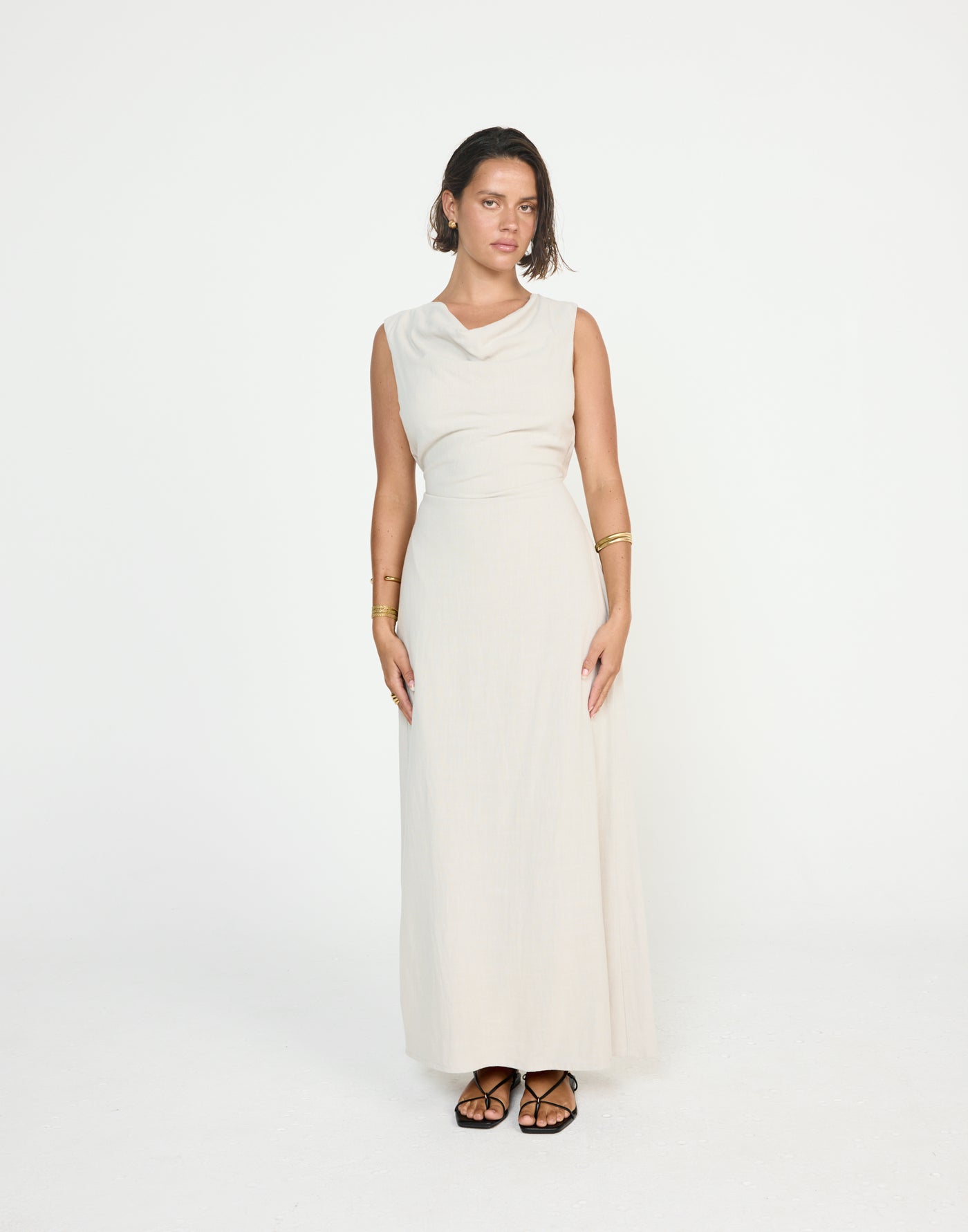Shoreline Maxi Dress (Latte) - CHARCOAL EXCLUSIVE - Cowl neckline linen flowy maxi dress with adjustable back tie - Women's Dress - Charcoal Clothing