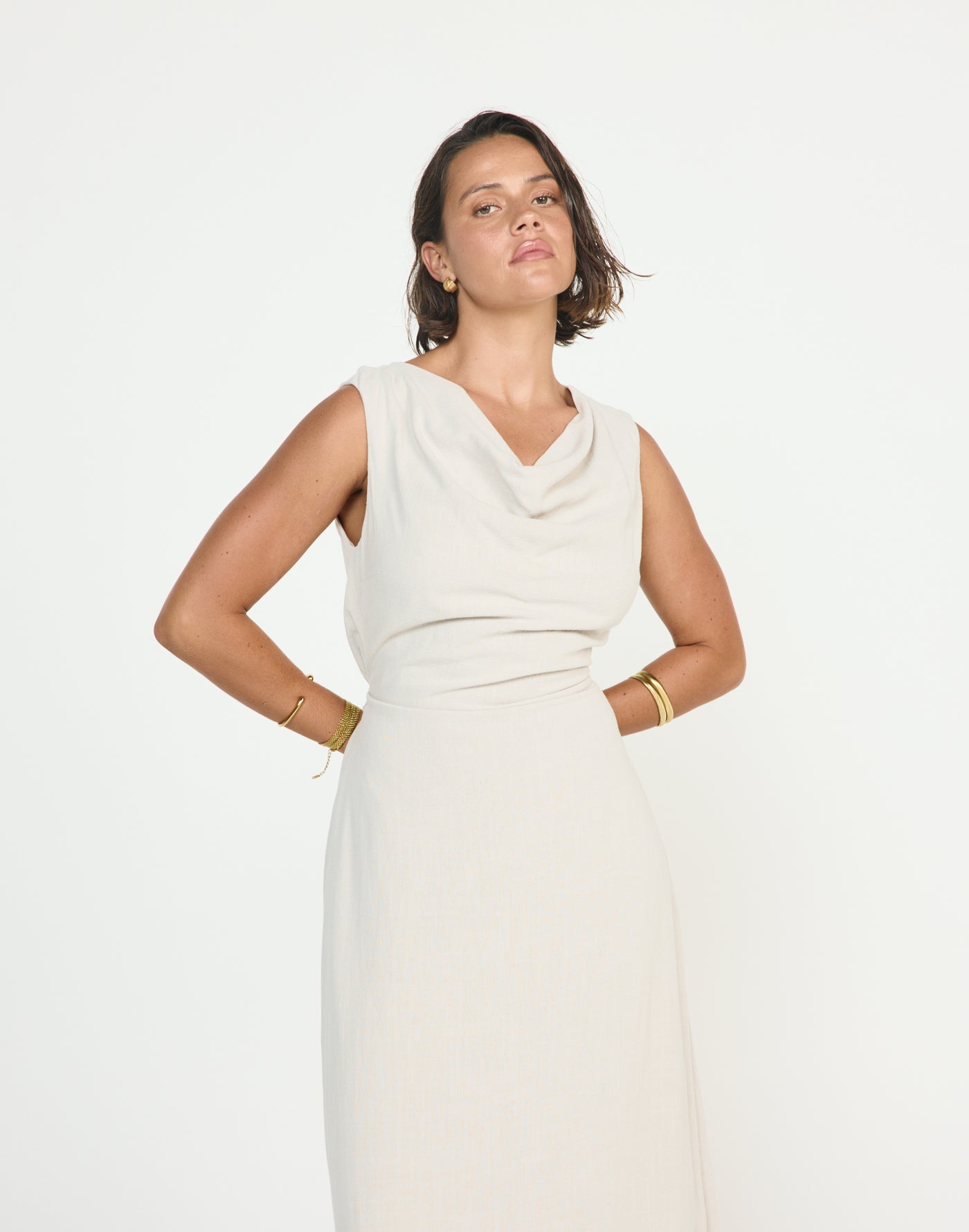 Shoreline Maxi Dress (Latte) - CHARCOAL EXCLUSIVE - Cowl neckline linen flowy maxi dress with adjustable back tie - Women's Dress - Charcoal Clothing