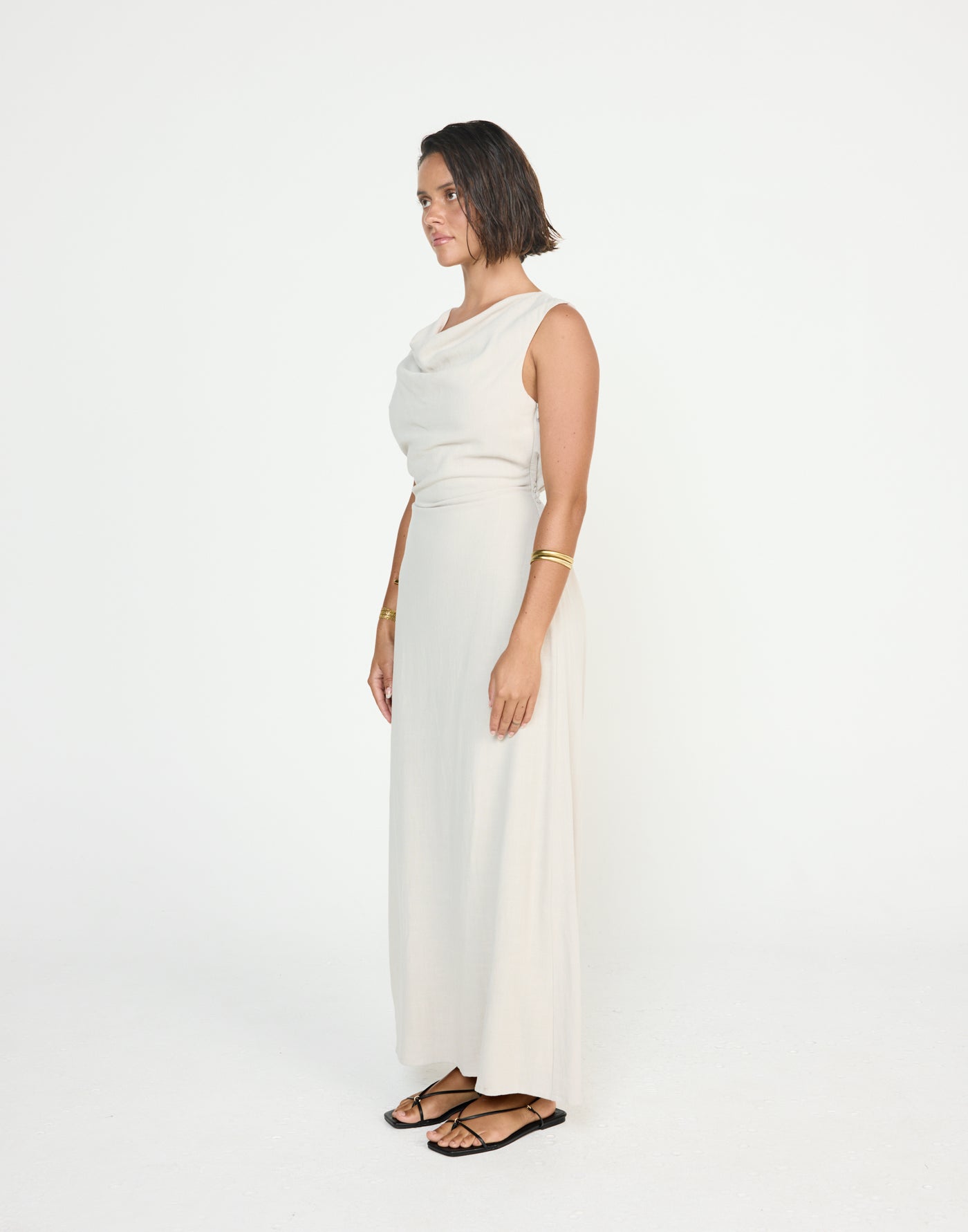 Shoreline Maxi Dress (Latte) - CHARCOAL EXCLUSIVE - Cowl neckline linen flowy maxi dress with adjustable back tie - Women's Dress - Charcoal Clothing