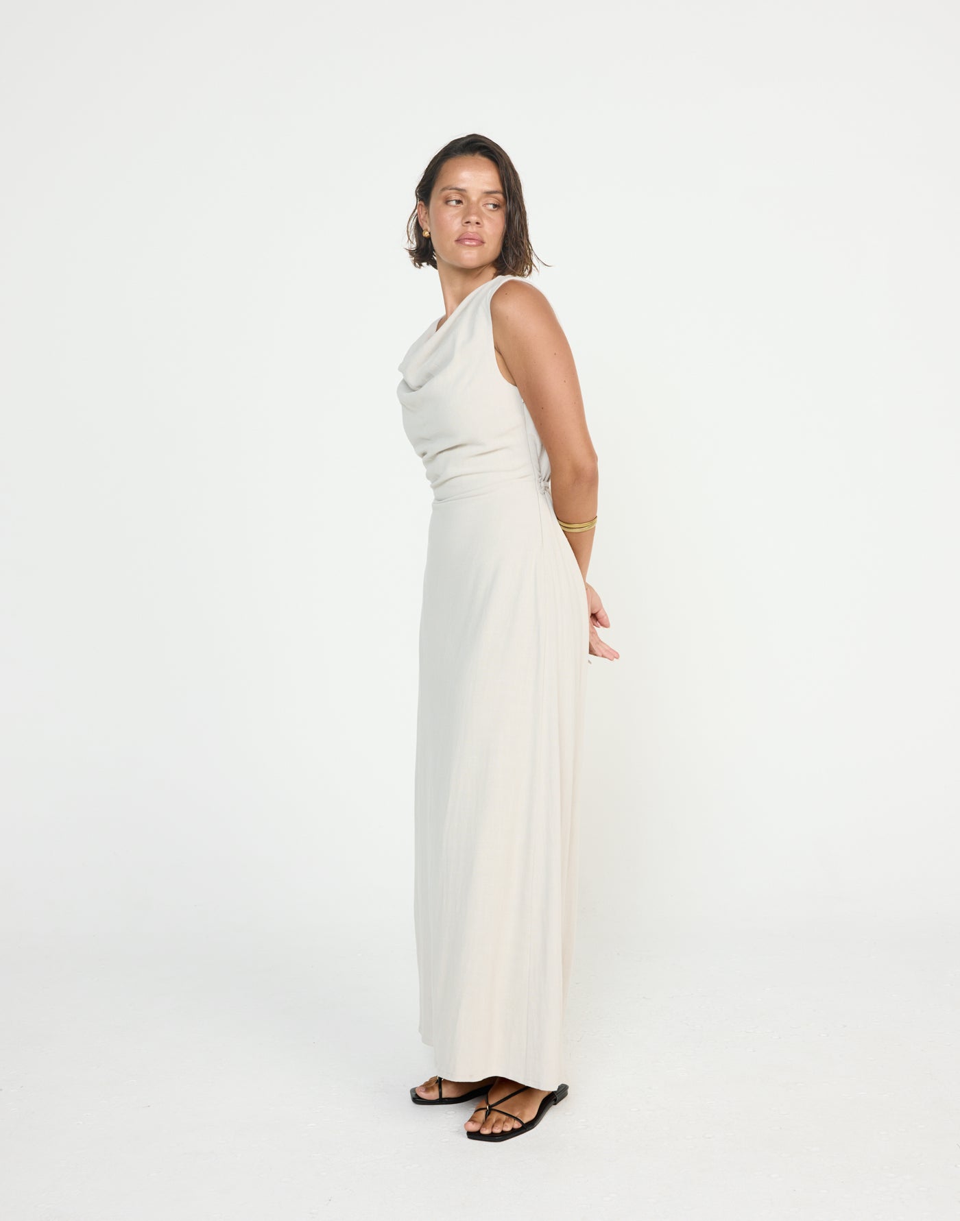 Shoreline Maxi Dress (Latte) - CHARCOAL EXCLUSIVE - Cowl neckline linen flowy maxi dress with adjustable back tie - Women's Dress - Charcoal Clothing