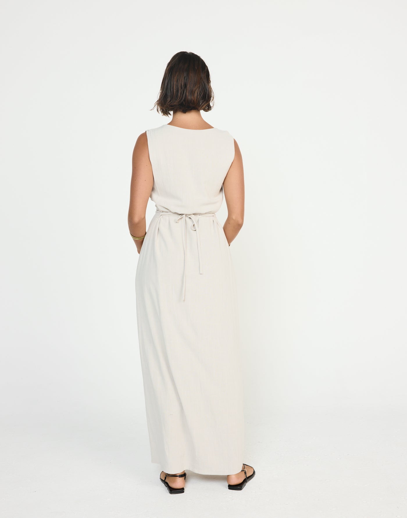 Shoreline Maxi Dress (Latte) - CHARCOAL EXCLUSIVE - Cowl neckline linen flowy maxi dress with adjustable back tie - Women's Dress - Charcoal Clothing