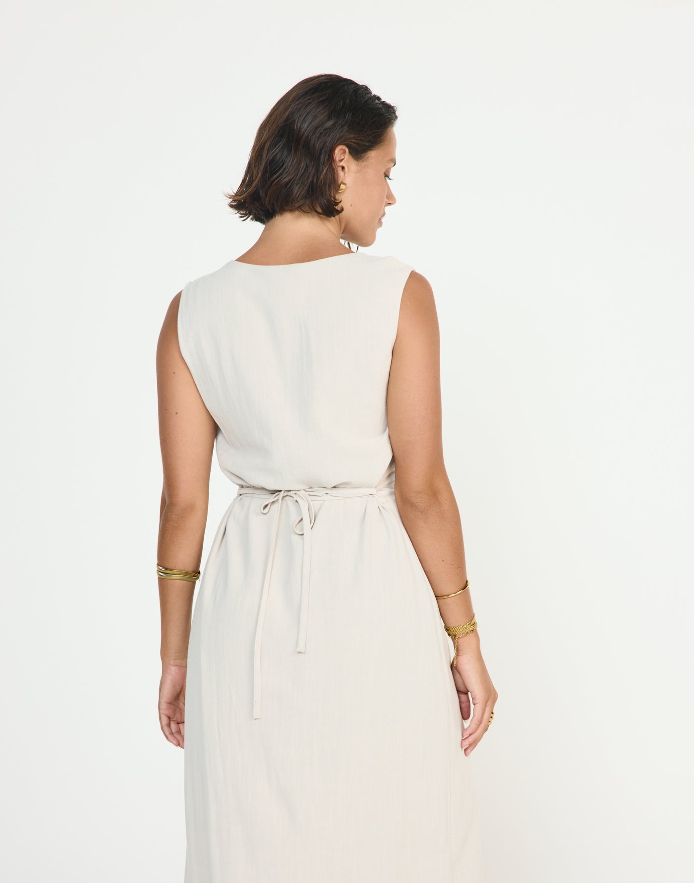 Shoreline Maxi Dress (Latte) - CHARCOAL EXCLUSIVE - Cowl neckline linen flowy maxi dress with adjustable back tie - Women's Dress - Charcoal Clothing