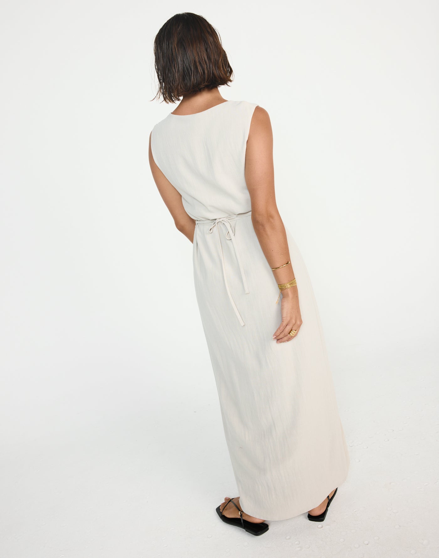 Shoreline Maxi Dress (Latte) - CHARCOAL EXCLUSIVE - Cowl neckline linen flowy maxi dress with adjustable back tie - Women's Dress - Charcoal Clothing