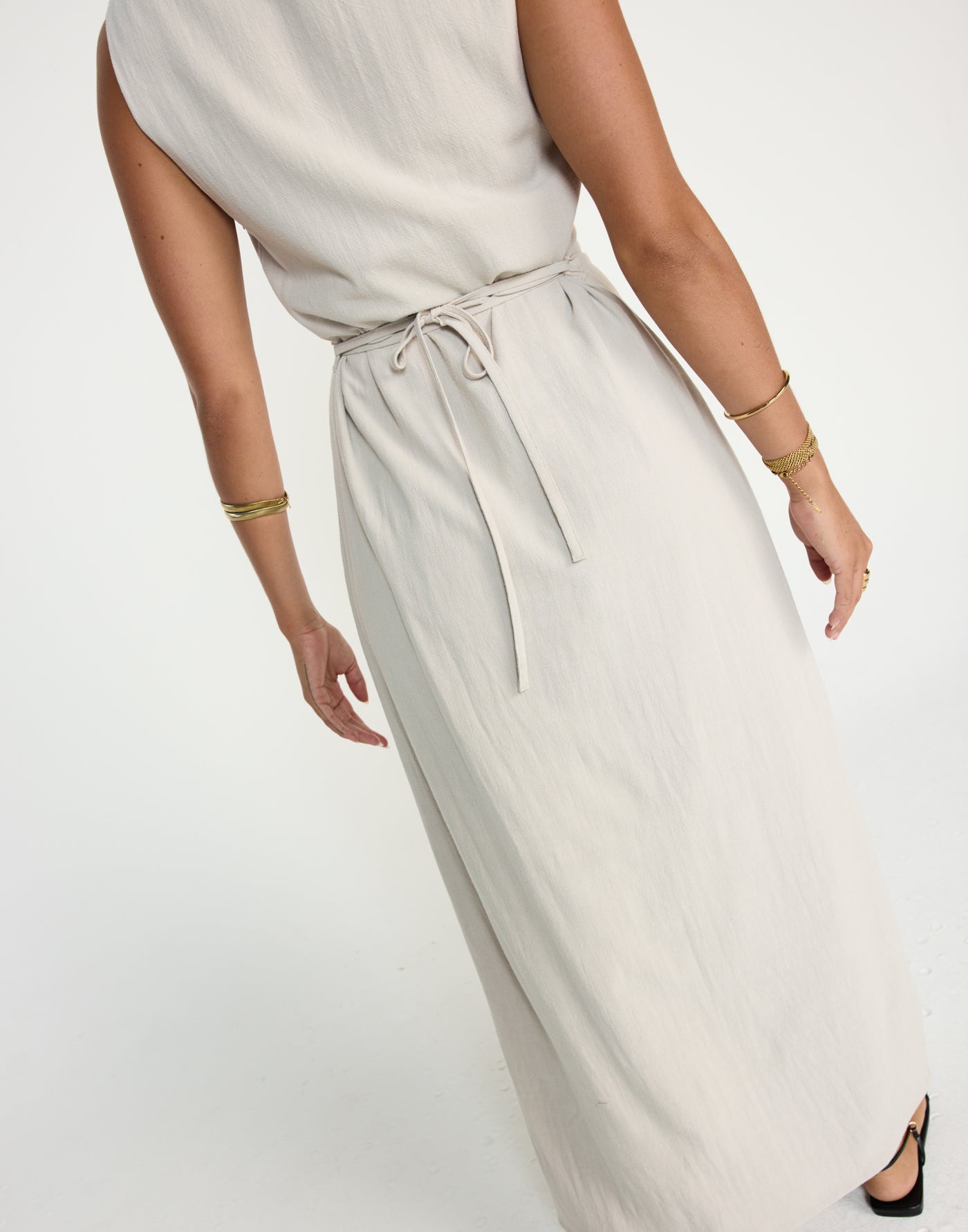 Shoreline Maxi Dress (Latte) - CHARCOAL EXCLUSIVE - Cowl neckline linen flowy maxi dress with adjustable back tie - Women's Dress - Charcoal Clothing