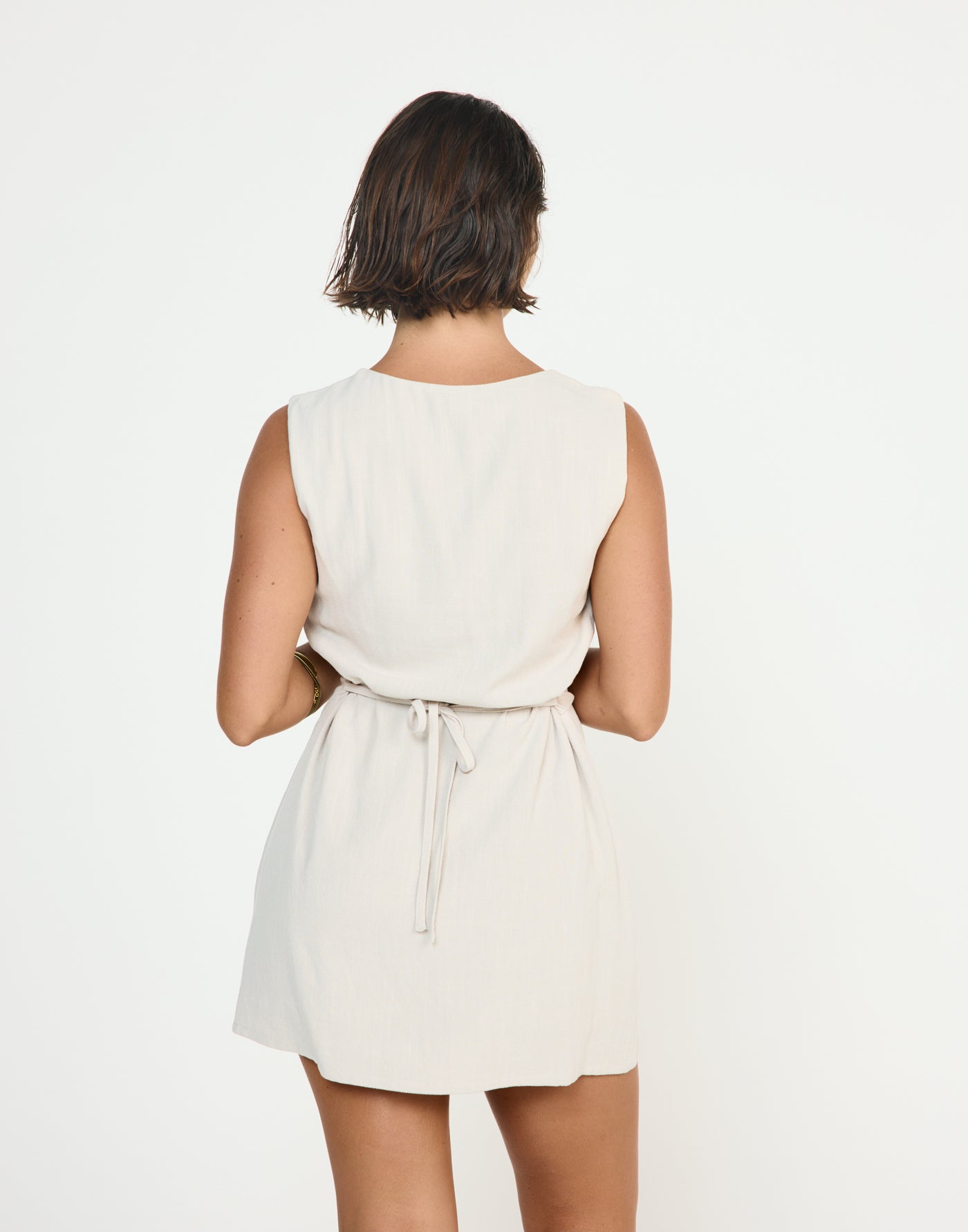 Shoreline Mini Dress (Latte) - CHARCOAL EXCLUSIVE - Cowl neckline linen flowy mini dress with adjustable back tie - Women's Dress - Charcoal Clothing