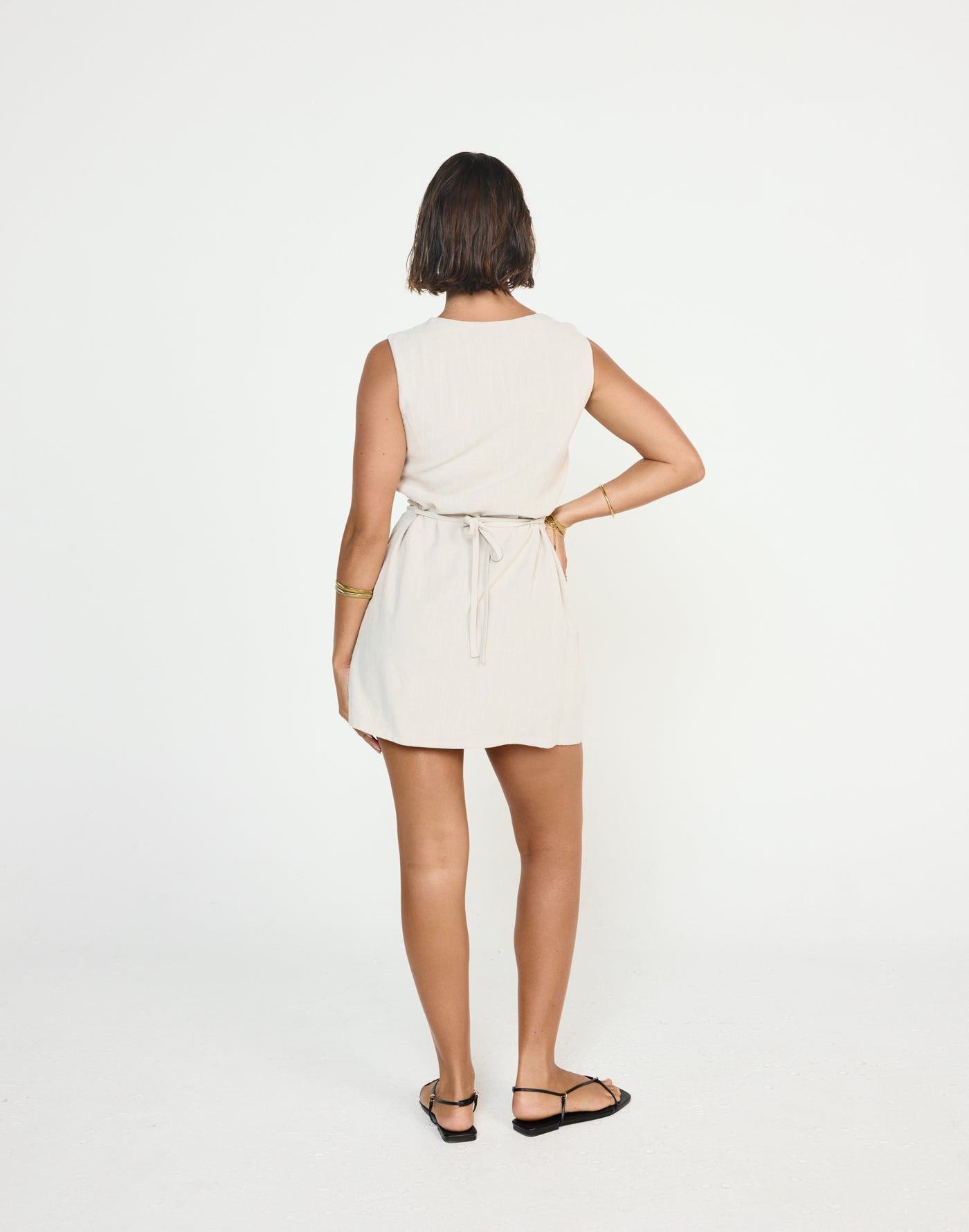 Shoreline Mini Dress (Latte) - CHARCOAL EXCLUSIVE - Cowl neckline linen flowy mini dress with adjustable back tie - Women's Dress - Charcoal Clothing